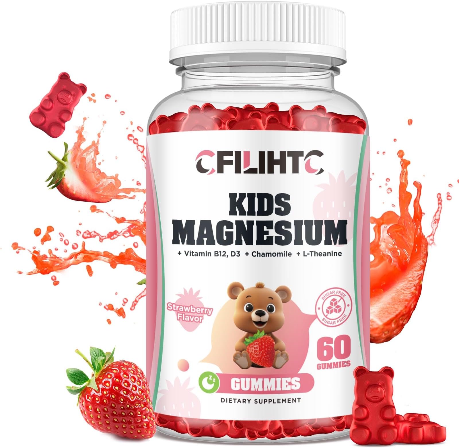 Kids Magnesium Glycinate Gummies, Magnesium for Kids & Adults with Citrate, Zinc, Vitamin D3, B12, L-Theanine Supplement for Sleep Bone & Muscle Mood, Strawberry, 60ct