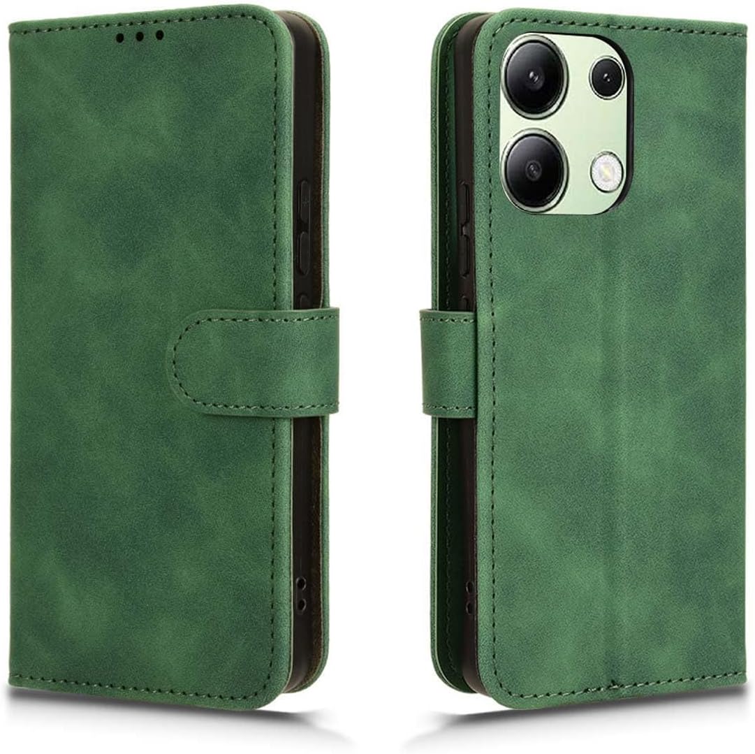 Leather Flip Case for Xiaomi Redmi Note 13 4G, Folio Wallet Cover with Card Slots and Cash Compartment, Shockproof TPU Interior, Magnetic Closure, Stand Function, (Green)