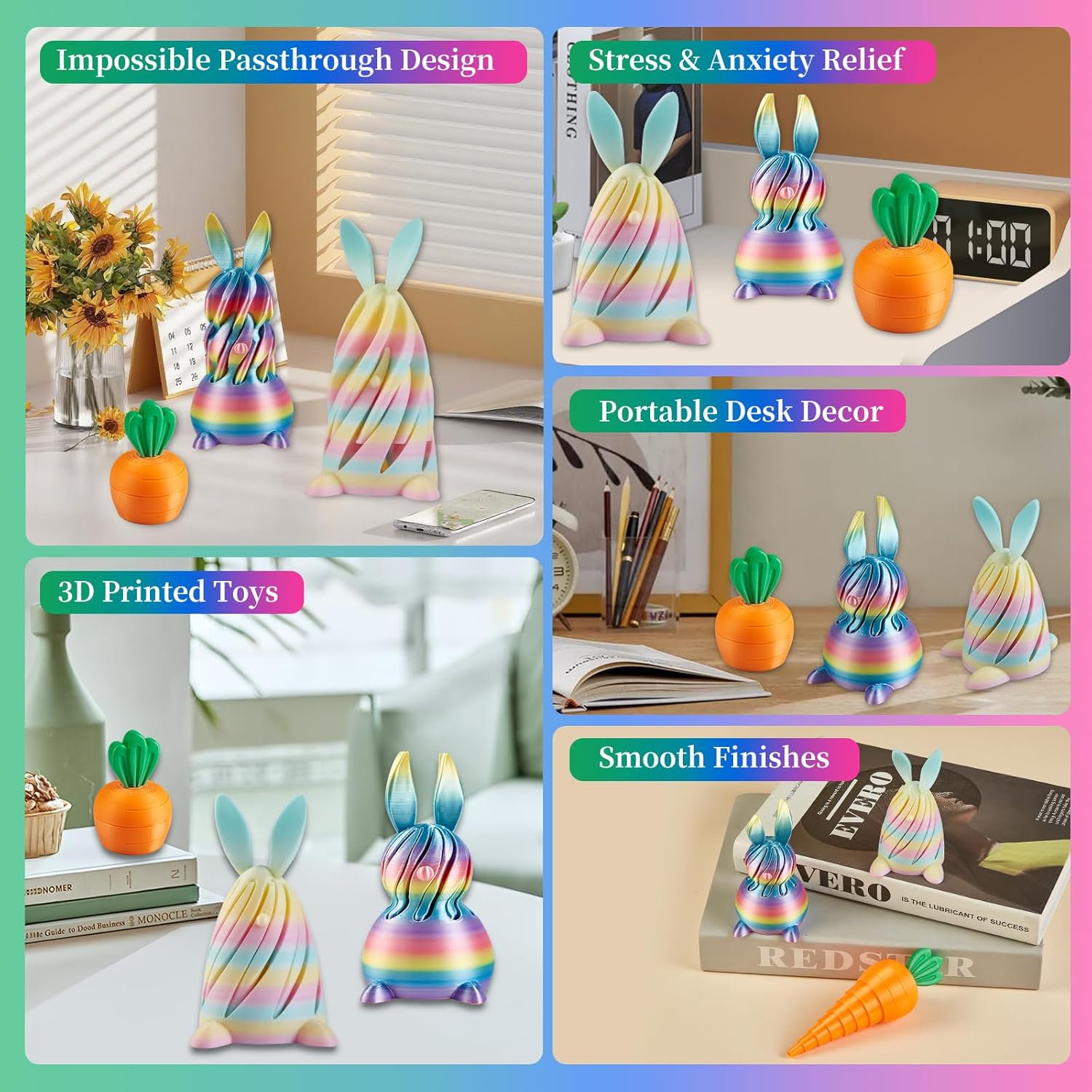 3D Printed Easter Bunny,Carrot Fidget Toys,Easter 3D Printed Sensory Fidget Toys,Easter Basket Stuffers,Surprising Gift for Friends and Kids（3 Pack）