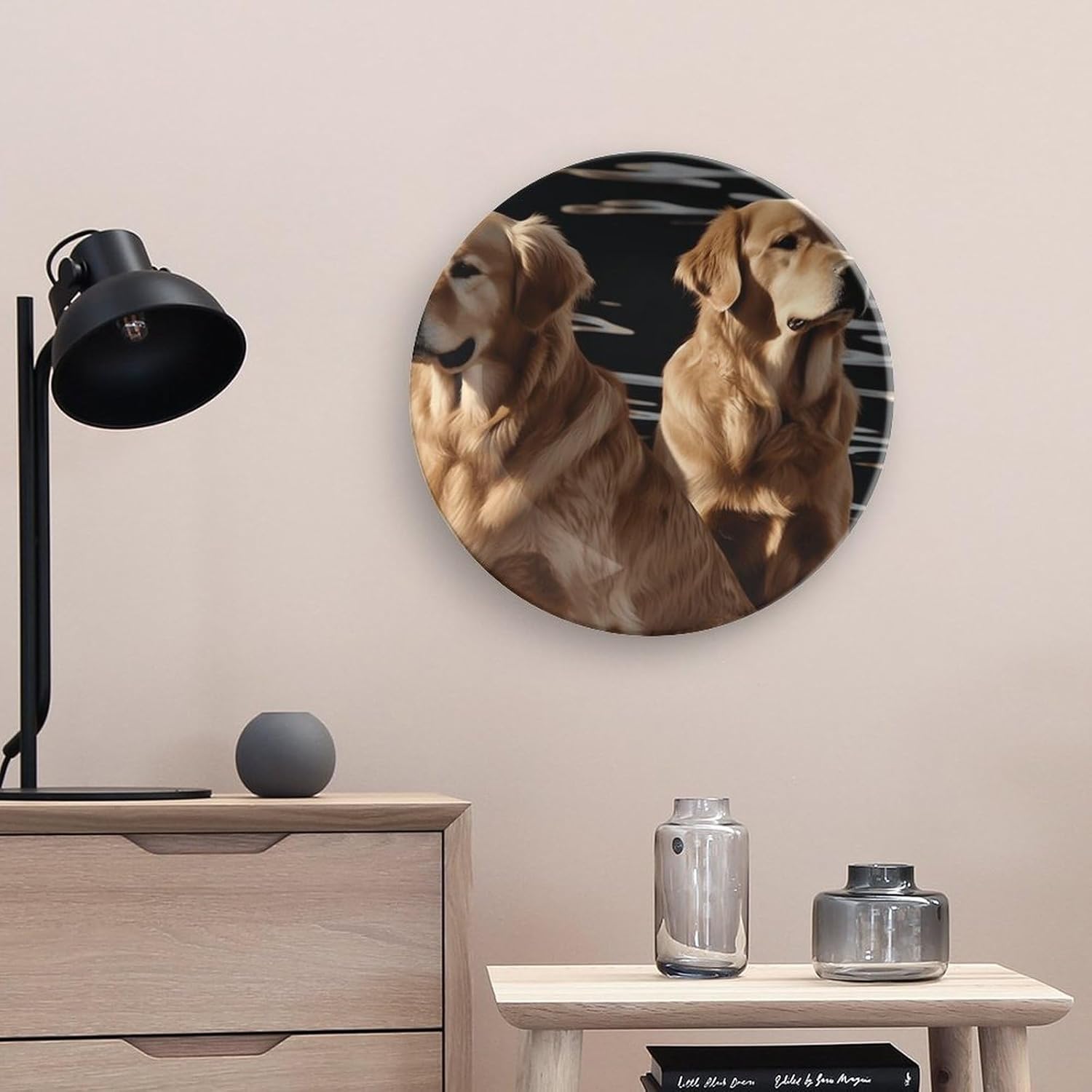 Golden Retrievers Decorative Plates for Display Round Porcelain Plate Living Room Table Ceramic Hanging Decorative Plate Art Decor for Living Room Table with 1 Display Stand 10inch