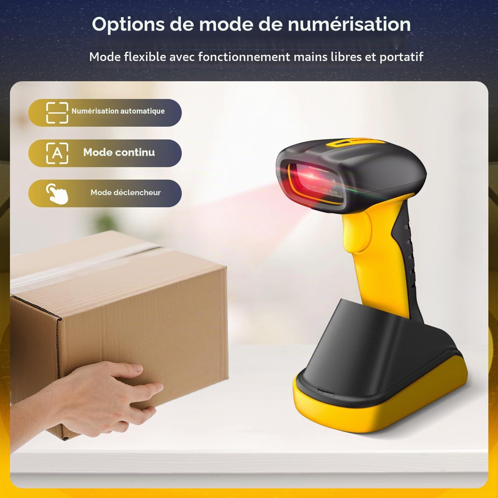 NetumScan Lecteur de codes-barres Bluetooth sans fil 1D/2D de qualité industrielle, batterie 2600 mAh avec station de charge, compatible avec POS, PC, iPhone, Android pour vente au détail (jaune)