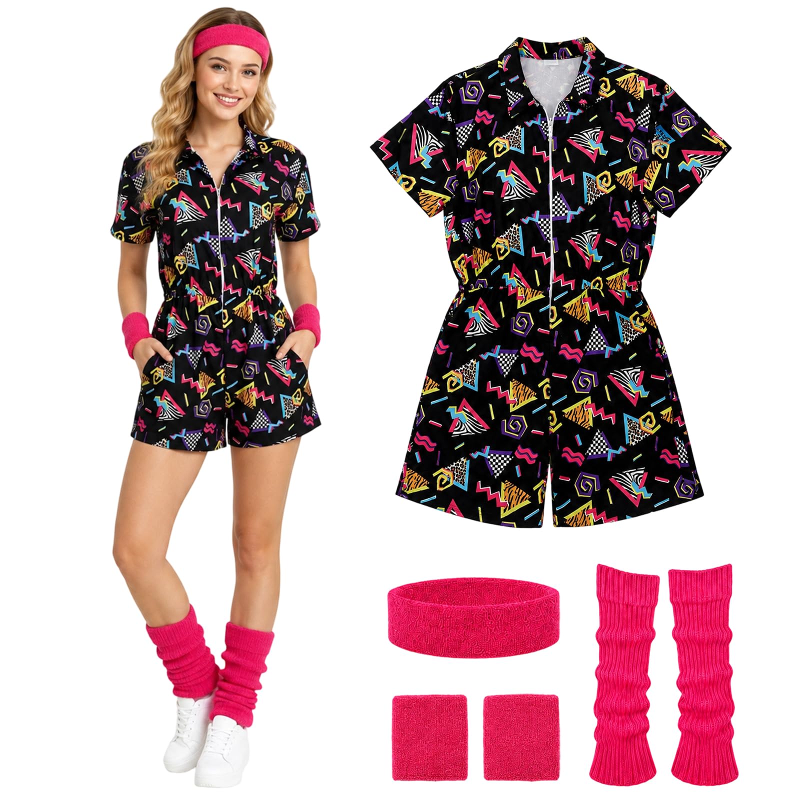 Women 80s 90s Retro Disco Costume Hip Hop Jumpsuit with Headband, Black：XL