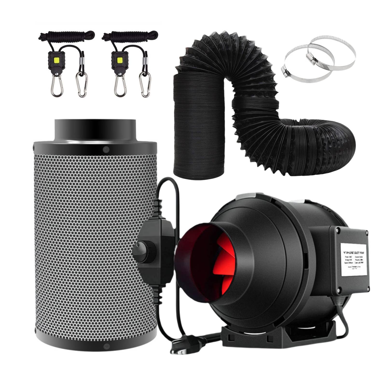 SunStream Inline Ventilation Fan Kit, 4 inch Plastic Inline Duct Fan with Speed Controller,4inch Diameter Flexible Ducting with Mounting Clamps, 4 inch Carbon Filter 1/8" Heavy Duty Rope (4 Inch Kit)