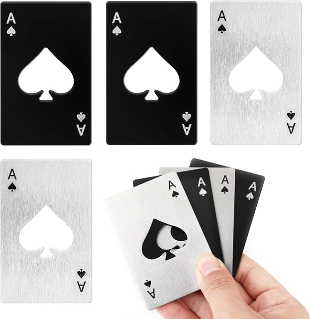 4 Pcs Poker Bottle Openers Stainless Steel Spade Ace Beer Bottle Opener Personalized Funny Poker Beer Bottle Opener Size fits Your Wallet (Silver & Black)