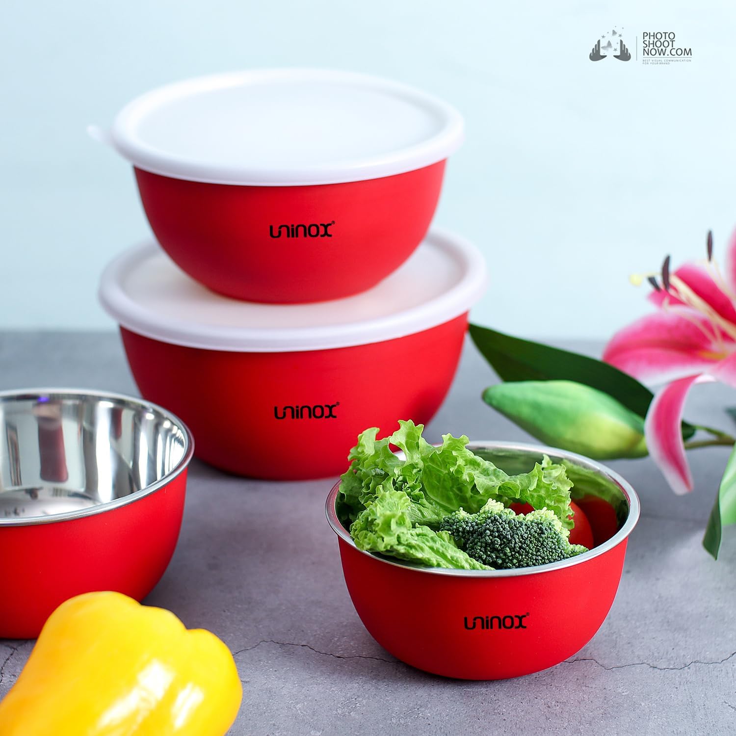 Microwave Safe Euro Stainless Set with Lid Food Serving Storage Containers Tiffin, Mixing Bowl, Steel Bowl Lunch Box for Your Modern Kitchen - Red Pack of 2