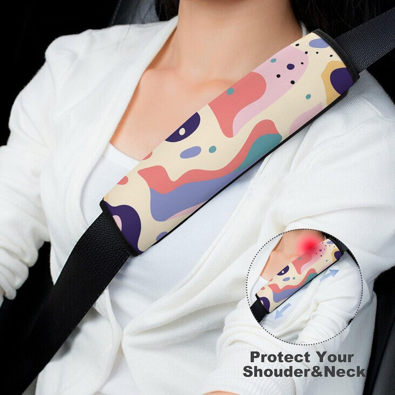 2 PCS Super Soft Car Seat Belt Pad, Cute Colorful Shape Pattern Printed Waterproof Sweat-Absorbing Seat Belt Covers Backpack Shoulder Pad for All Car Seats Baby Strollers
