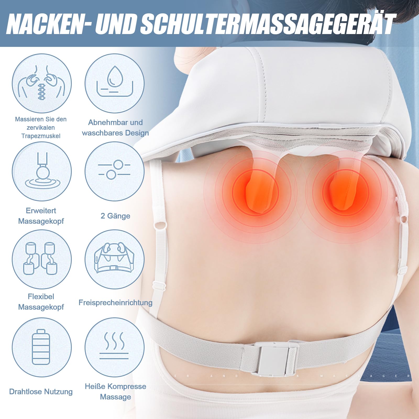 Shiatsu masażer karku, ramion i karku, z funkcją ogrzewania, bezprzewodowy, elektryczny masażer karku, pleców, ramion (A)