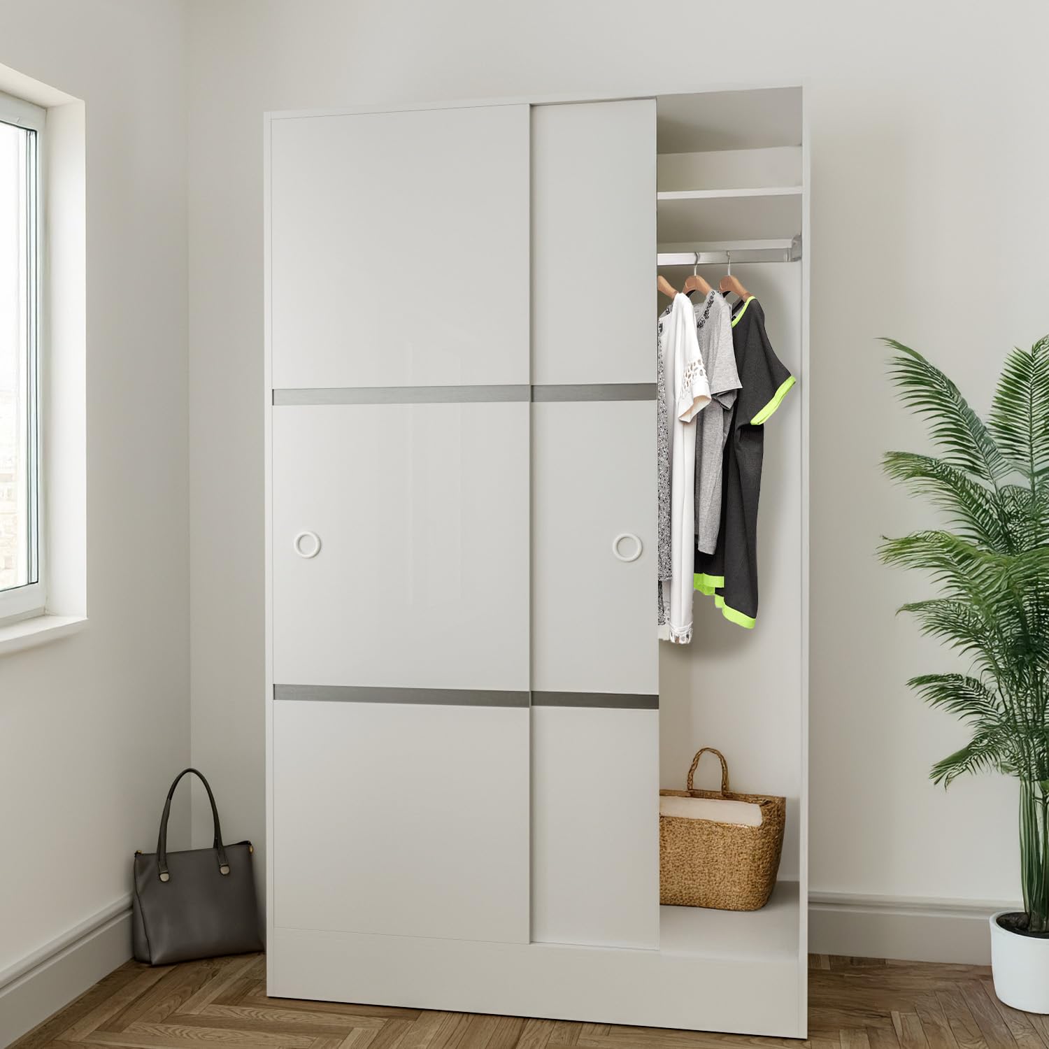 Bricozone Armadio Guardaroba Bianco Lucido Con 2 Ante Scorrevoli Con Guide Nascoste Con Ripiano Superiore Barra Appendiabiti E 4 Ripiani Struttura In Legno Melaminico 200x120x50 Cm