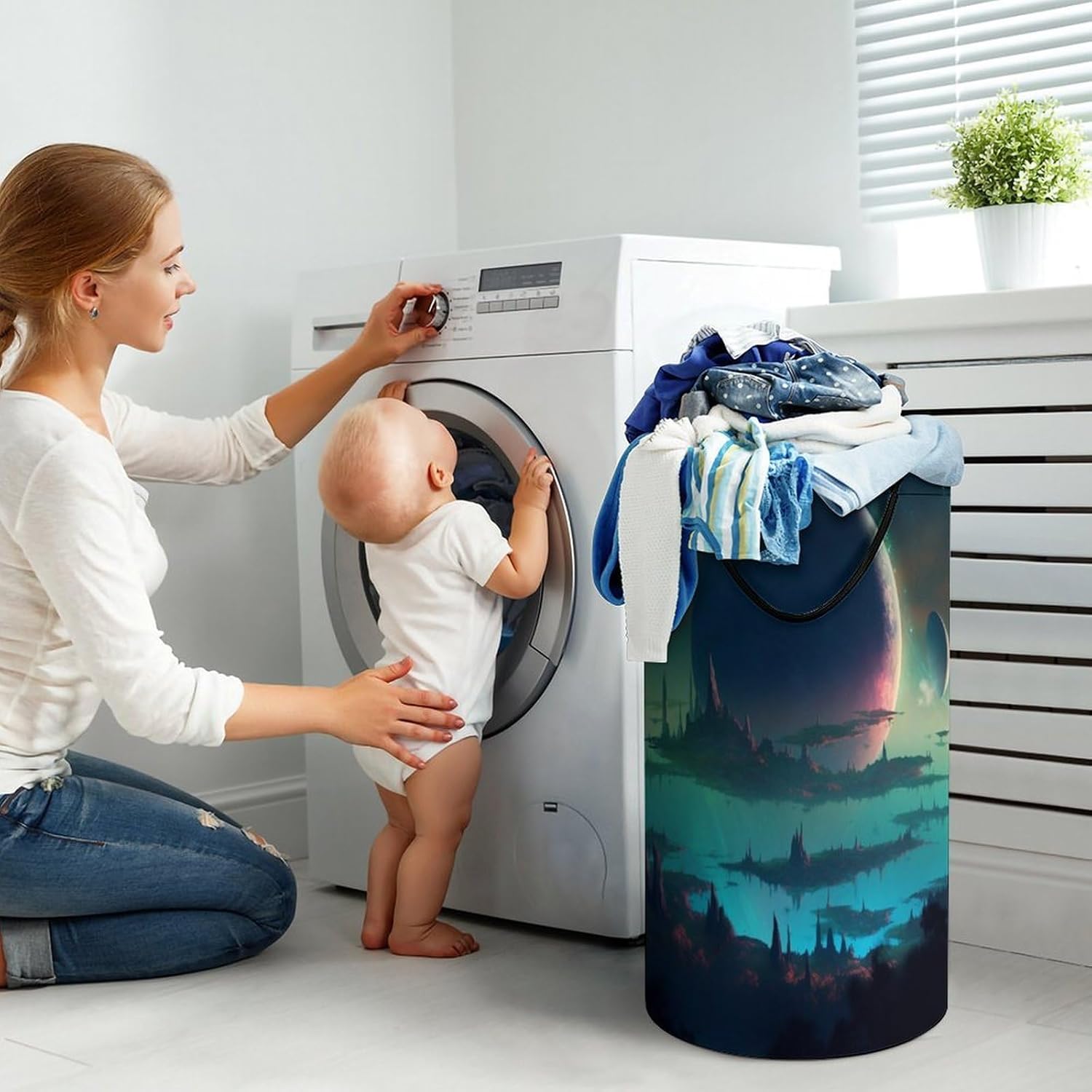 Art Planet World Laundry Basket Freestanding Laundry Hamper with Handles Waterproof Dirty Clothes Hamper Collapsible Washing Bin Aesthetic Clothes Basket for Bathroom Bedroom Dorm