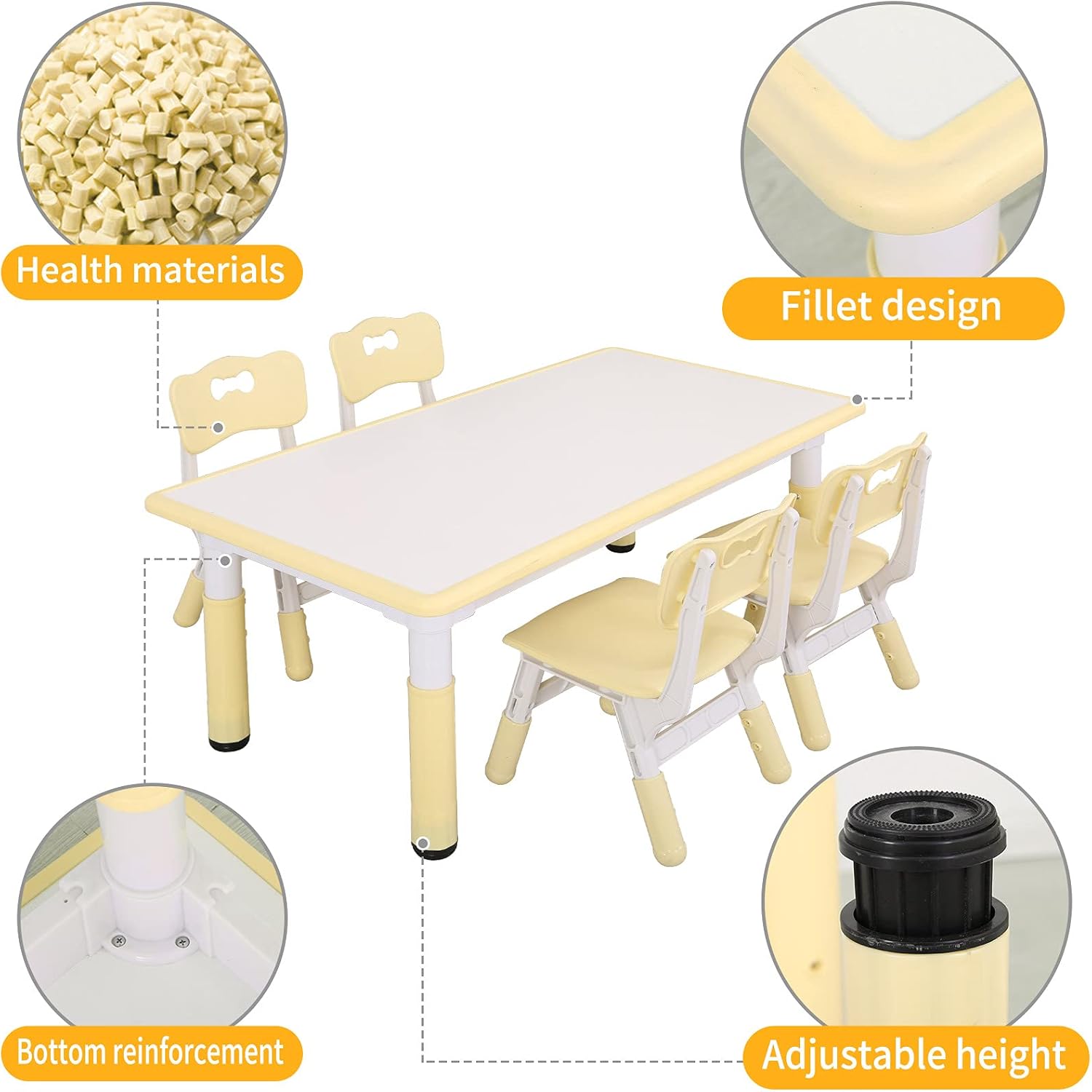 UNICOO - Kids Study Table and Chairs Set, Height Adjustable Plastic Children Art Desk with 4 Seats, Kids Multi Activity Table Set (White Top + Yellow Border)