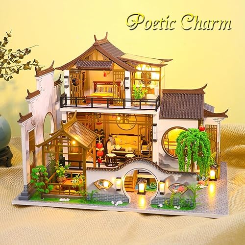 Miniatura 7 de Yuzhen Casa de muñecas en miniatura con muebles y luces LED, gran casa de muñecas de madera de estilo antiguo que incluye cubierta de polvo y