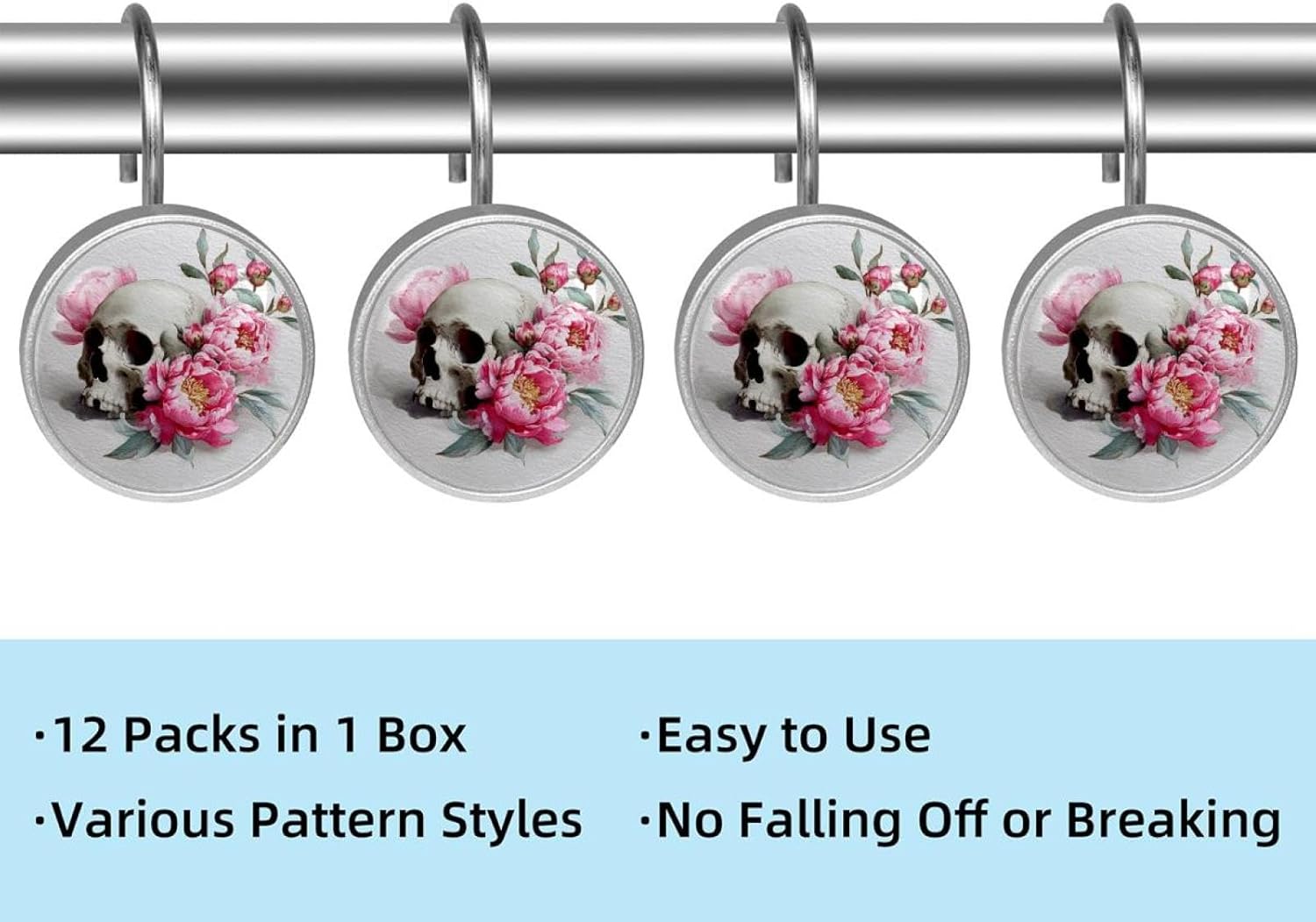 Watercolor Skull and Peonies Flowers (11) Shower Curtain Hooks - Set of 12 Shower Curtain Rings - Shower Hooks for Bathroom Shower Rods Curtains and Liners