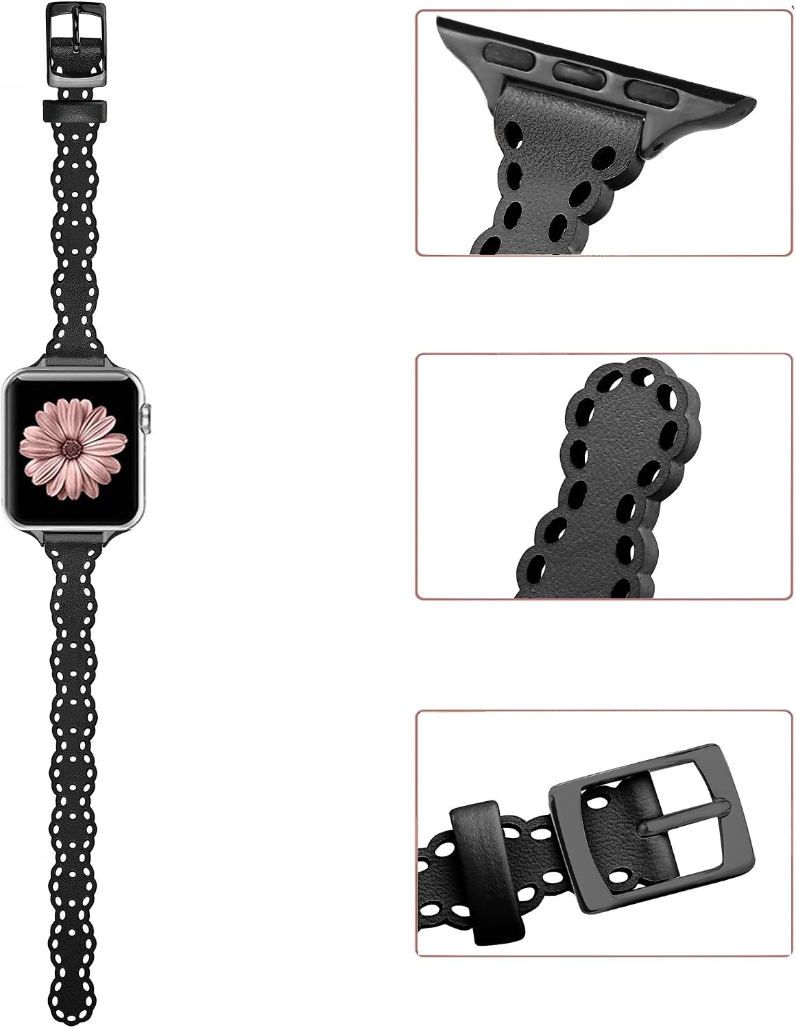 Secbolt Slim Leather Bands Compatible with Apple Watch Bands 38mm 40mm 41mm iWatch Series 8/7/6/SE/5/4/3/2/1, Elegant Top-grain Leather Hollowed-Out Thin Wristband Strap Accessories for Women, Black