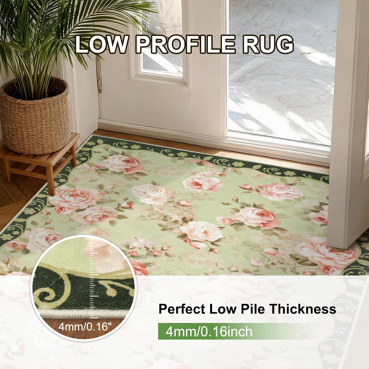 MOSISO 4x6 Area Rug for Living Room, Soft Non-Slip Spring Rose Garden Low Pile Carpet, Faux Wool Rectangular Washable Floor Mat for Home Decor Bedside Bedroom Diningroom, Green