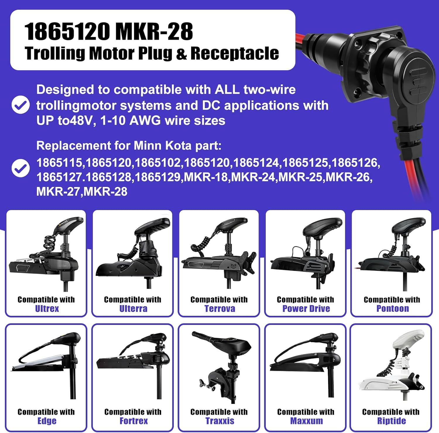 MKR-28 1865120 Trolling Motor Plug and Receptacle for Minn Kota - Waterproof Heavy Duty 8AWG 60A Rated 48V Max