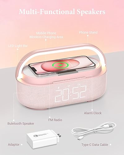 Vista 36 de Altavoz Bluetooth con cargador inalámbrico, radio FM, luz nocturna LED regulable, sonido estéreo, altavoces inalámbricos duales, altavoz portátil