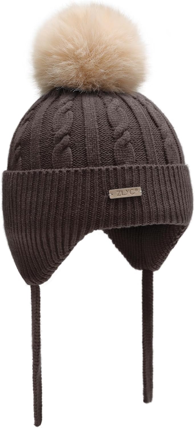 ZLYC Kids Girls Boys Winter Hats Cotton Lined Pom Pom Beanie Earflap Knitted Cap - Image 2
