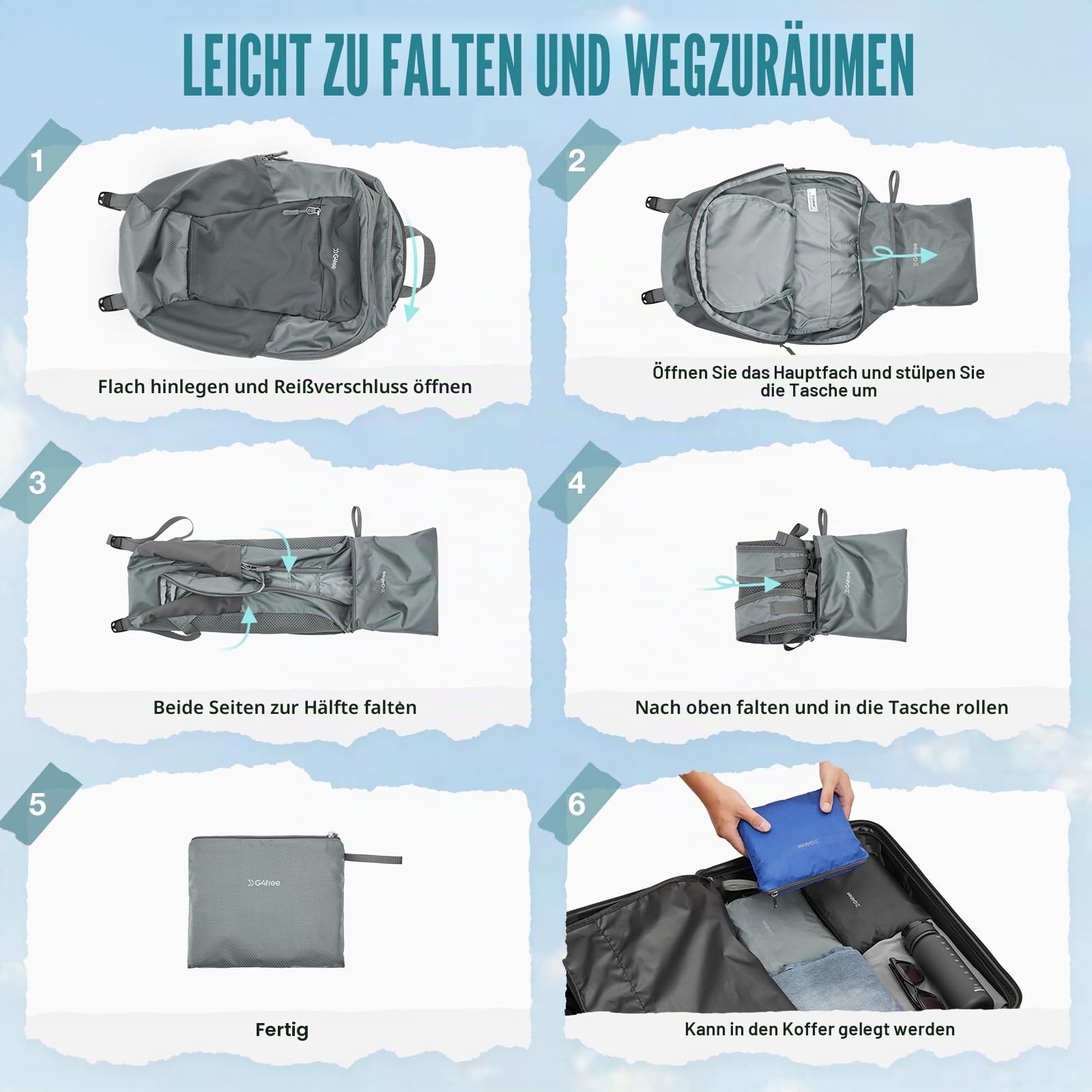 G4Free 18L Faltbarer Rucksack, Wanderrucksack Klein Leichter, Daypack Tagesrucksack Trekkingrucksack Damen Herren für Wandern Travel Camping Fahrrad Outdoor, Grau