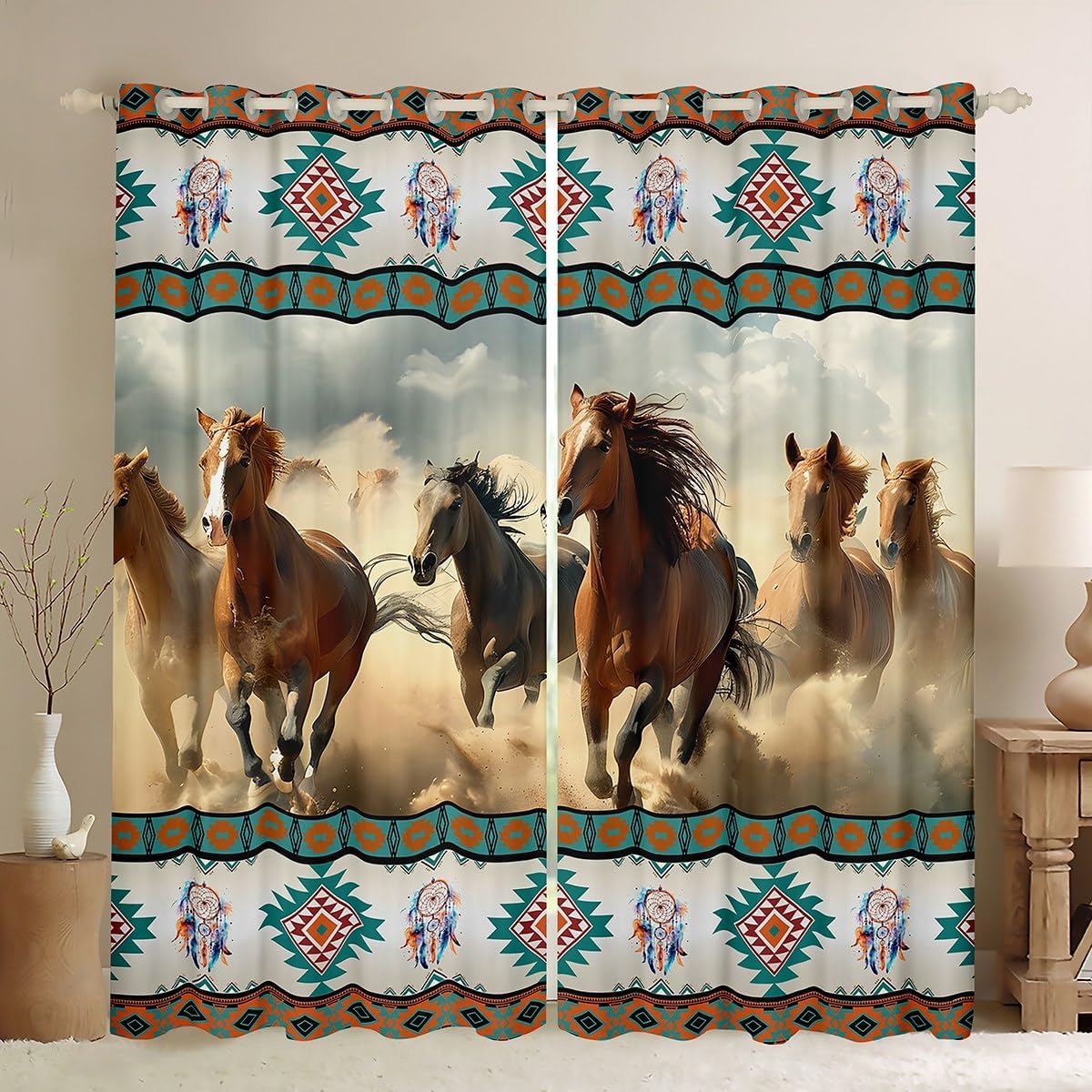 Feelyou Kids Horse Window Curtains Western Wild Animal Darkening Drapes Cherry Blossoms Blackout Curtains Boys Girls Galloping Horse Teens Window Treatments (2 Panels, 52 x 90 Inch)