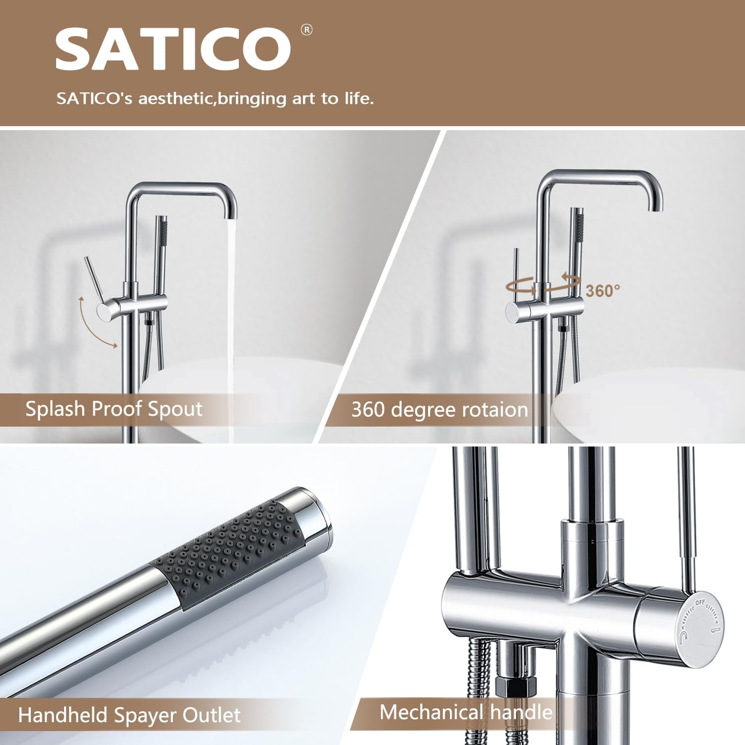 SATICO Tub Faucets Chrome Floor Mount Stand Alone with Hand Held Shower Freestanding Soaking Bathtub Faucets Mixer Spout, Model FF009