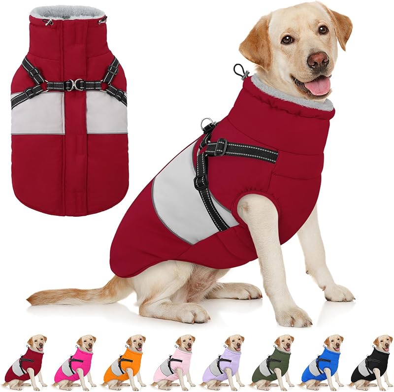 Casaco de Inverno para Cães AOFITEE Impermeável com Coleira de Fleece, Zíper e Peitoral Integrado (Tamanho Grande)