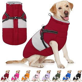 AOFITEE Dog Coat with Harness Waterproof Dog Winter Jacket for Large Dogs