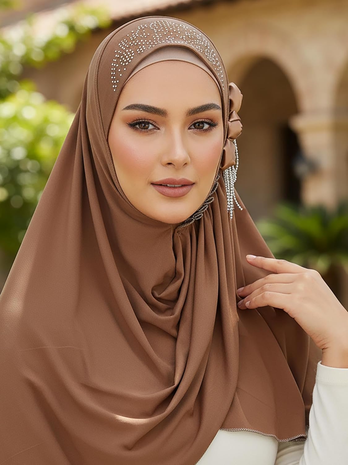 Woeoe Flower Instant Hijab Scarf for Women Brown Jersey Hijabs Muslim Stretch Head Scarf - Image 2