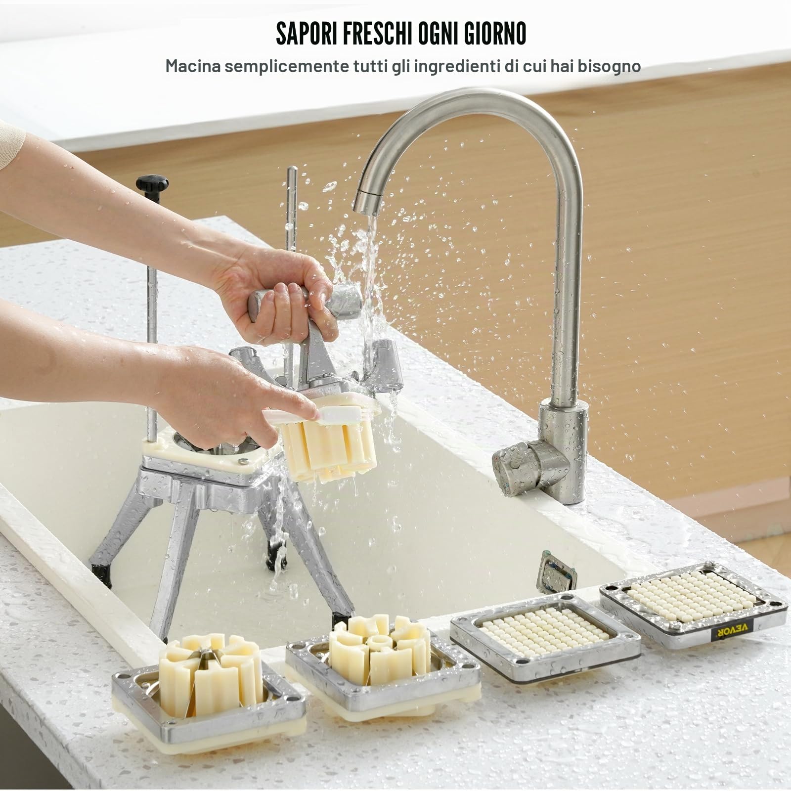 VEVOR Tritatutto Manuale Taglierina Manuale Patatine Verdure Frutta Lame in Acciaio Inox da 1/2" 1/4" 3/8", Tritatutto Commerciale Taglierina per Bastoncini Alimenti Frutta Verdure Manico Ergonomico