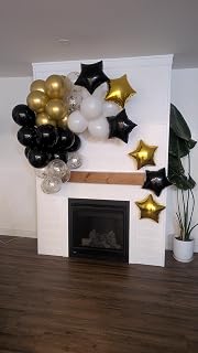 Black and Gold Balloon Garland Arch Kit with White and Confetti Balloons – 46pcs Balloon Pack for Graduation, Birthday, Wedding, Military, Pool Party Decorations with Foil Stars, String & Hooks