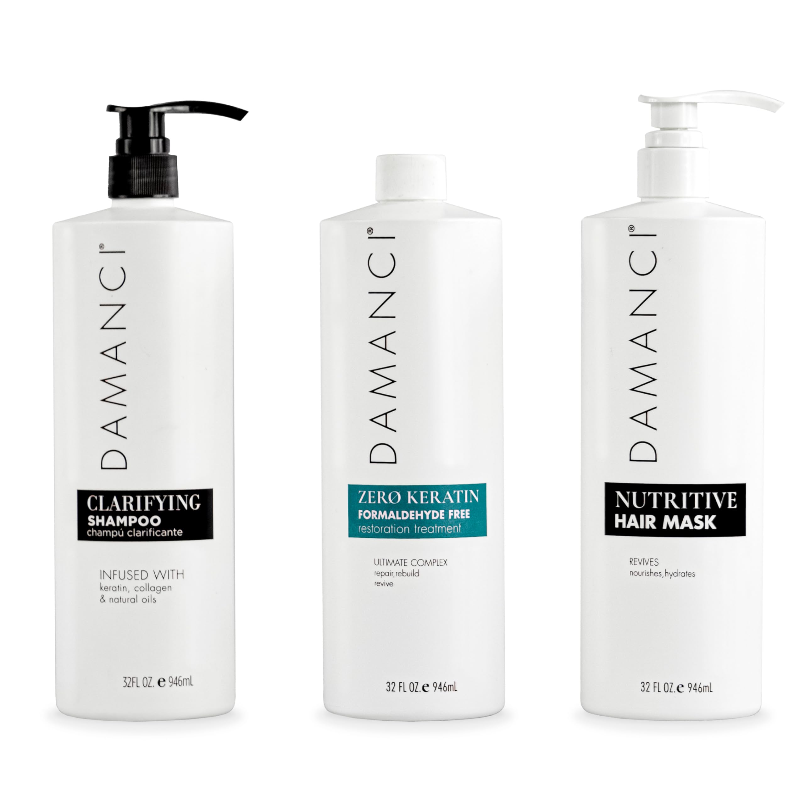 DAMANCI ZerO Keratin Revival Kit, Formaldehyde Free Keratin Treatment to Restore Hair, Reduce Frizz and Volume, with Clarifying Shampoo & Nutritive Hair Mask, Salt, Sulfate and Paraben-Free (32 oz)