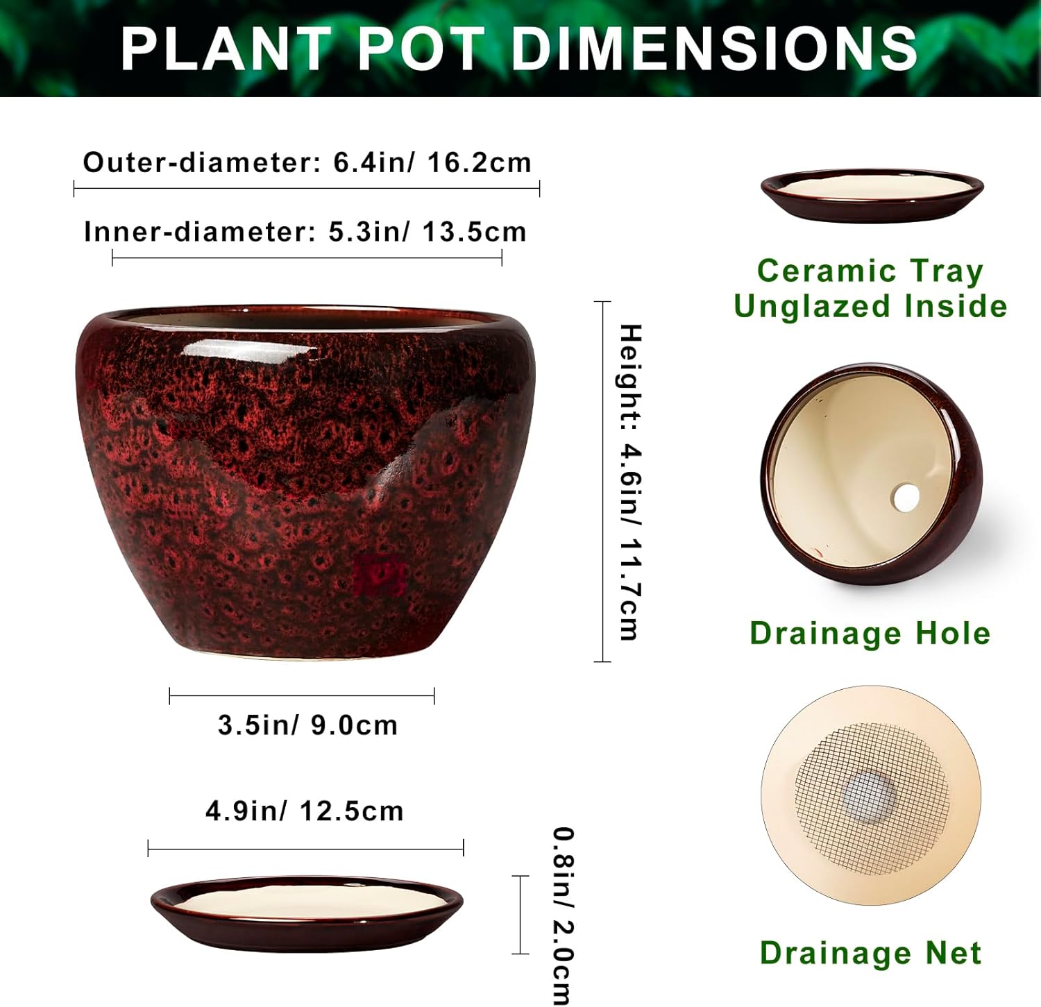 6 Inch Ceramic Pots for Plants - Indoor Plant Pots with Drainage Hole and Saucer, Decorative Planters for Outdoor Plants, Modern Planter, Living Room Decor, Gardening Gifts, Red Leopard