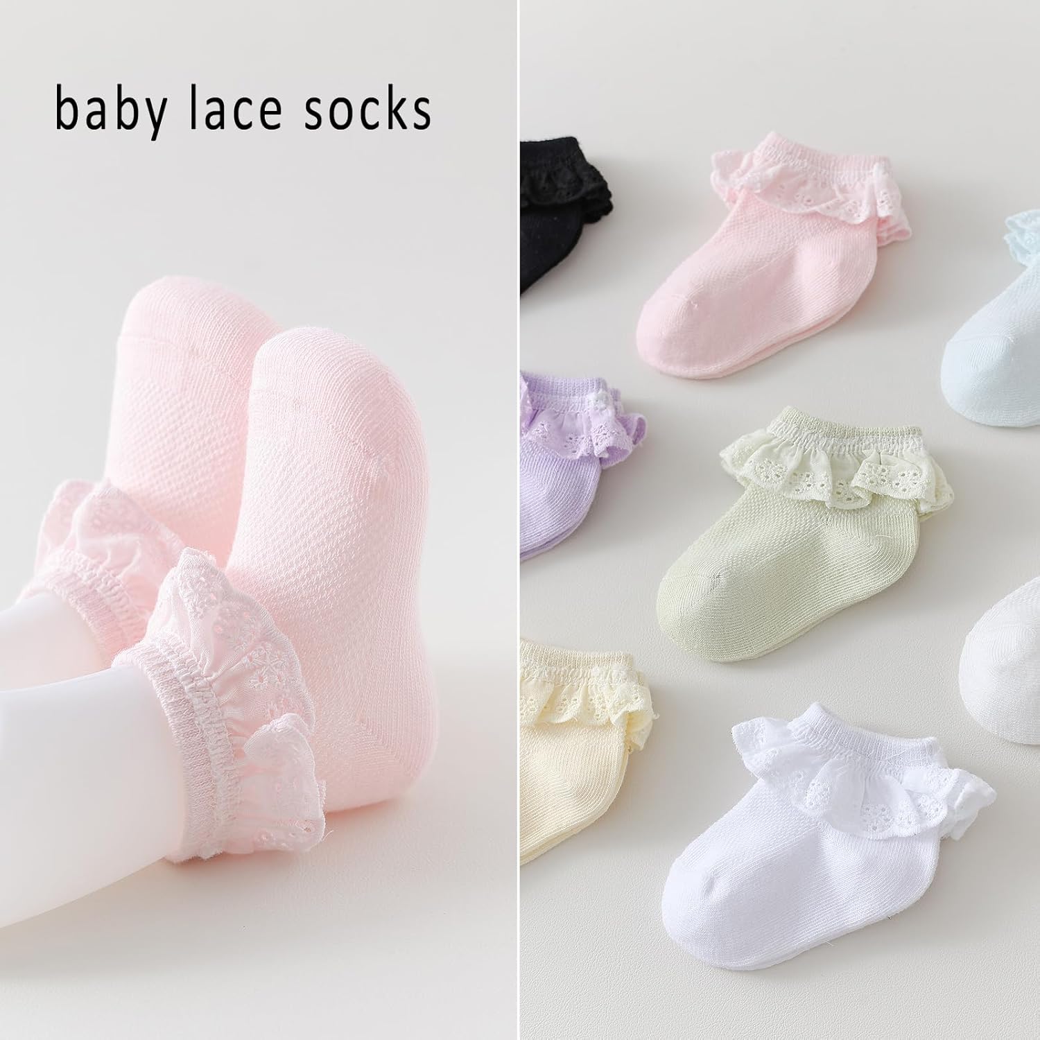 EPEIUS Baby Lace Socks Newborn Girl Eyelet Ruffle Socks Infant Toddler Dress Crew Sox 0-6/6-12/12-24 Months - Image 2