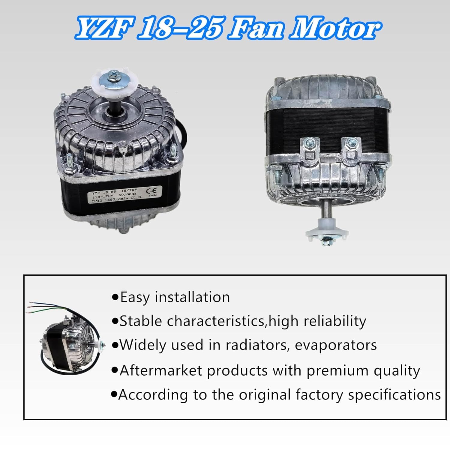 Shaded Pole Motor - 18W, 120V, 60Hz. for Small Ventilation and Refrigeration Equipment, Radiator and Evaporator. AC Fan Motor with Powerful 1.01A (YZF18-25)