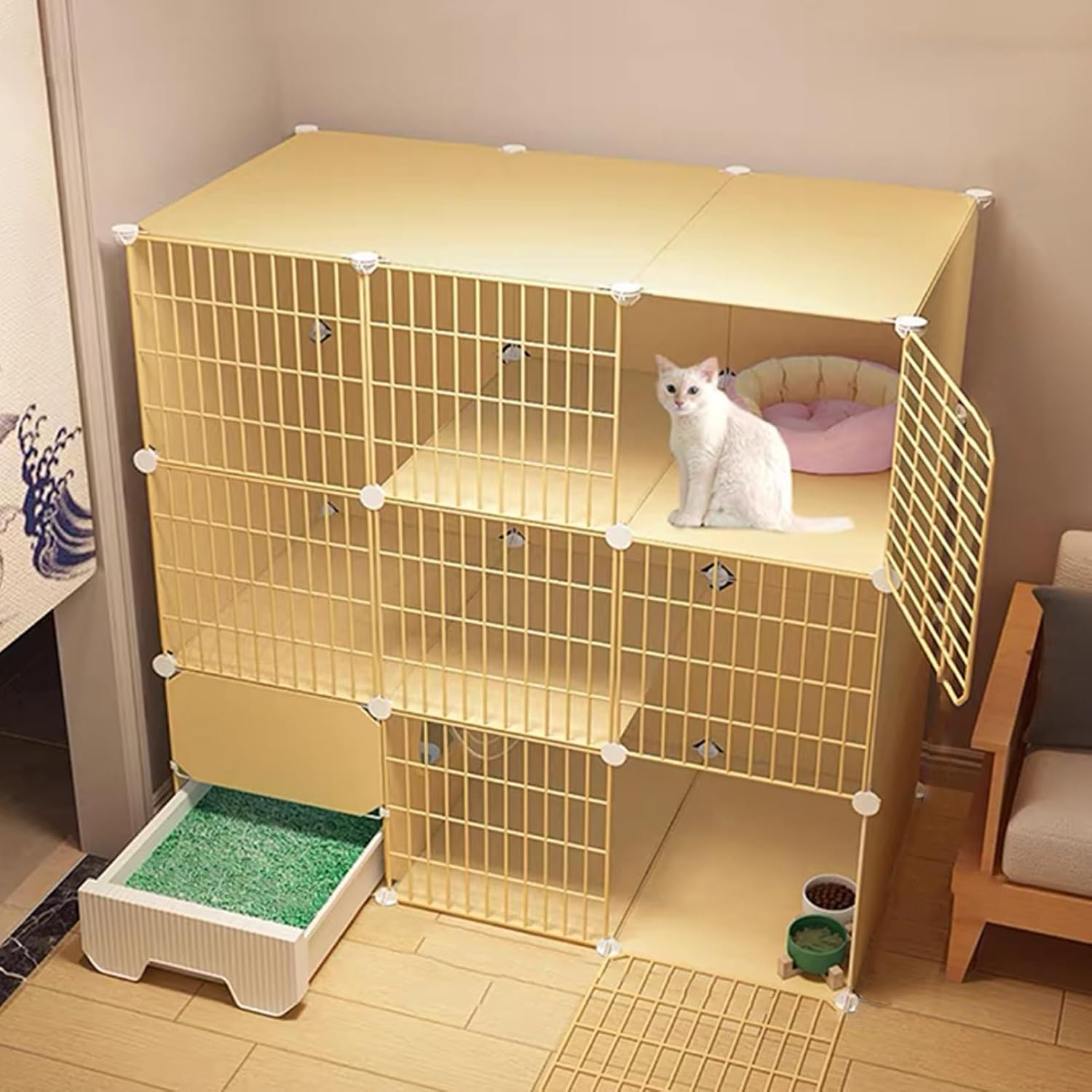 Cat Enclosures, Cat Playpen, Cat Cage Indoor, Cat Enclosures with Litter Box, DIY Cat Playpen Detachable, Easy to Install, Yellow, Wide 15.3 Inches(43.7x15.3x42.9in)