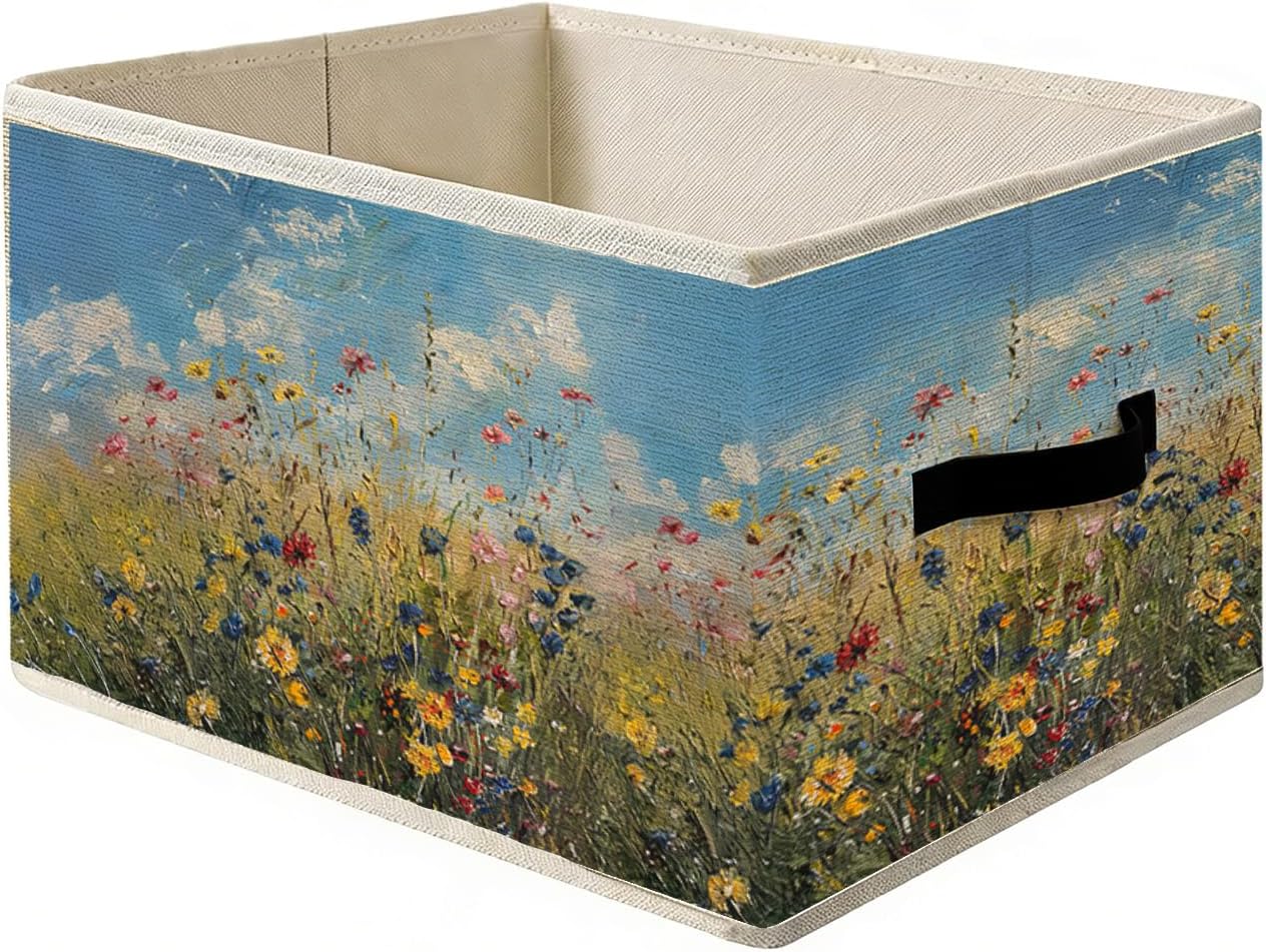 Black & White Checkered Fabric Collapsible Storage Bin Box with Handles - Cherry Foldable Organizer Basket Toybox for Organizing Clothing Sheets Toys Books, Closet Storage Bins for Organization-335