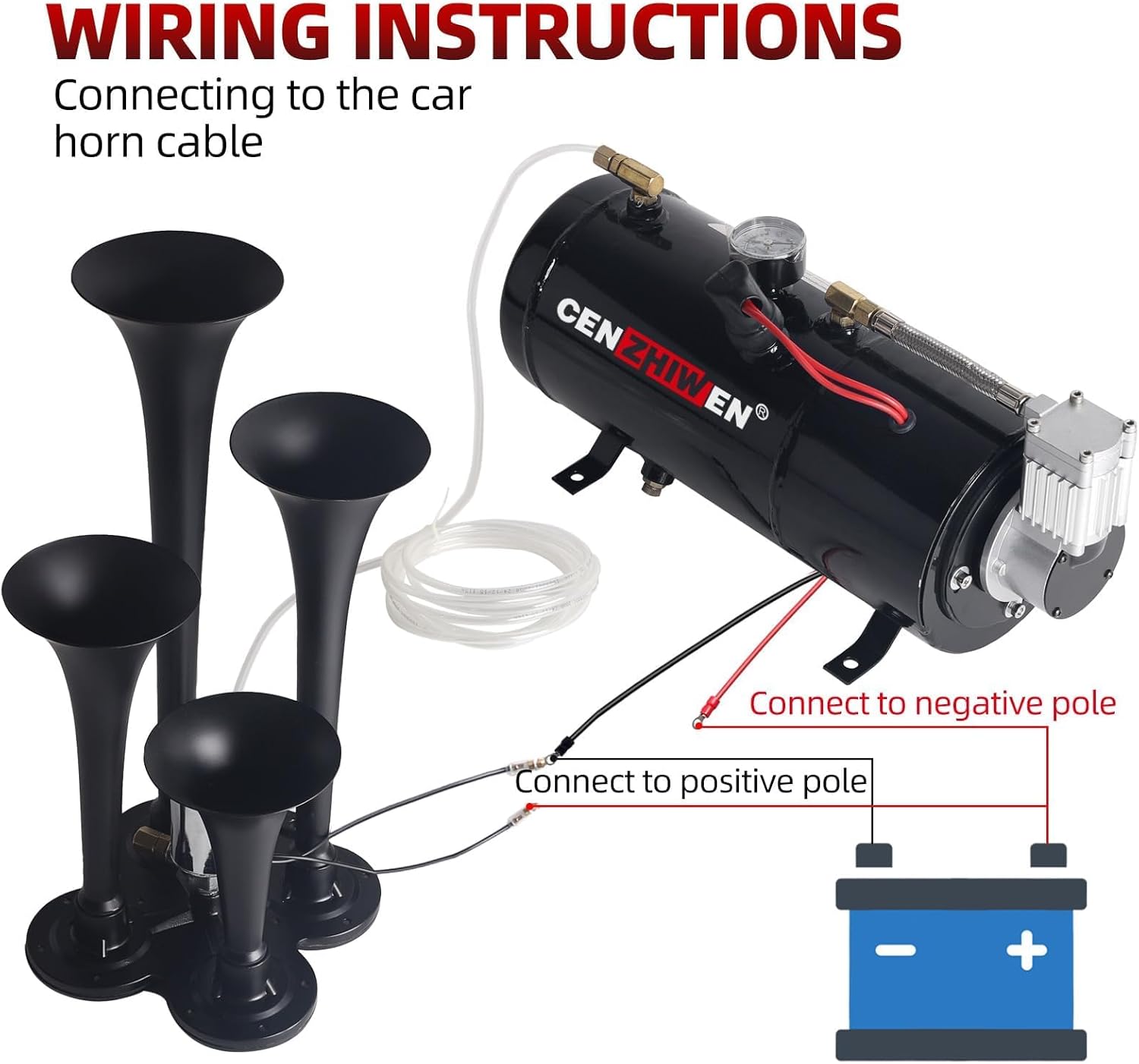 180dB Train Horn Kit for Trucks, 12V 4 Trumpet Air Horn with 150 PSI Compressor 0.8 Gal & 3L Tank with Gauge, Universal Zinc Alloy Horn for Pickup, SUV, Jeep, Car, Motorcycle, Van, Boat