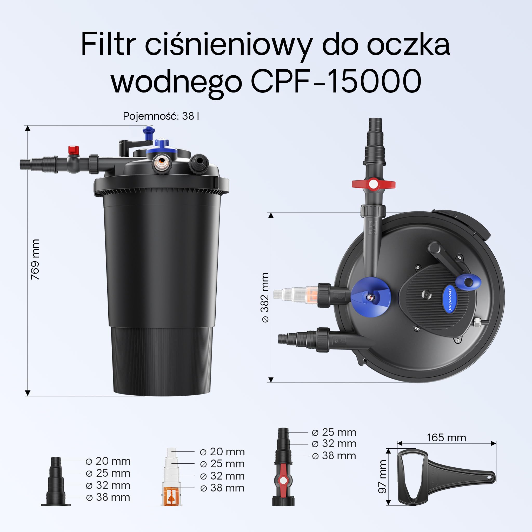 SunSun Kompletny zestaw: CPF-15000 filtr ciśnieniowy do oczka wodnego do 30000 l z 18 W UV-C, NEO6000 SuperEco pompa do oczka wodnego 6000 l/h 40 W, 5 m wąż do oczka wodnego 38 mm (1 1/2"), zaciski do