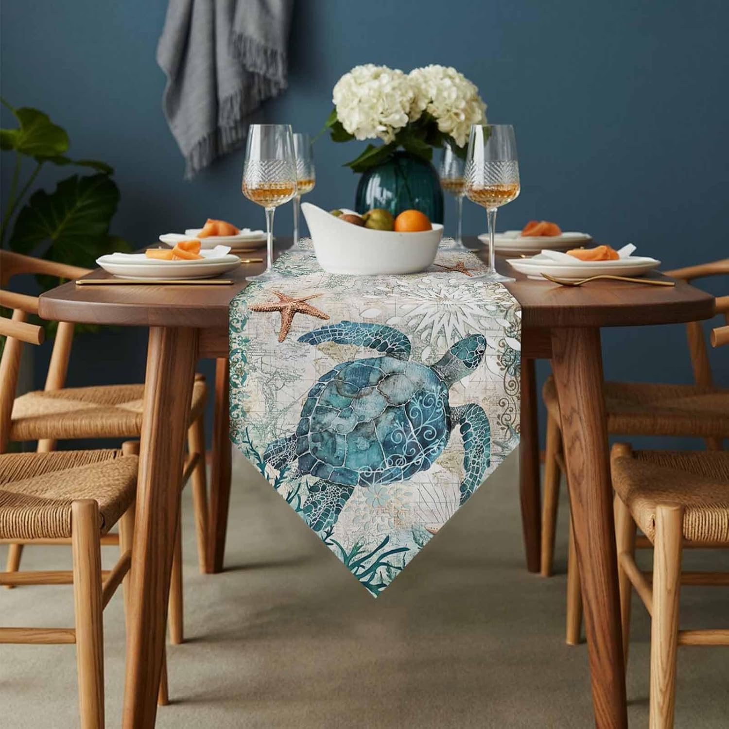 Cotton Linen Table Runner Dresser Scarves Sea Turtle Ocean Animal Nautical Themed Retro Non-Slip Table Settings Decor for Farmhouse Kitchen Home Dining ,Wedding,Holiday Extra Long 13 x108 inch