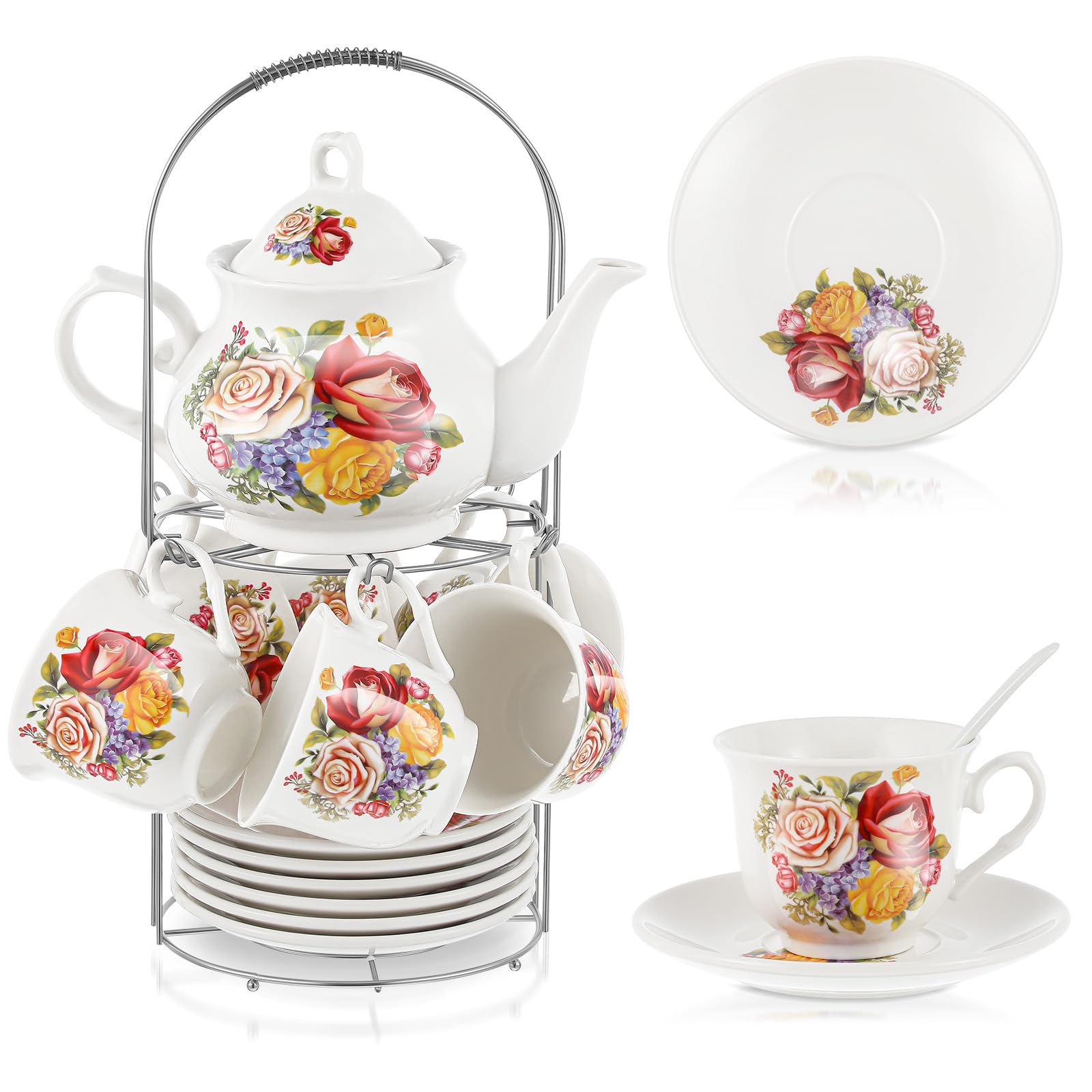 Zhehao 20 Pcs Vintage Porcelain Tea Set with Metal Holder Adult Ceramic Tea Party Set European Flower Tea Cup Saucer Set for Adult Women with Flower Painting, Large Version