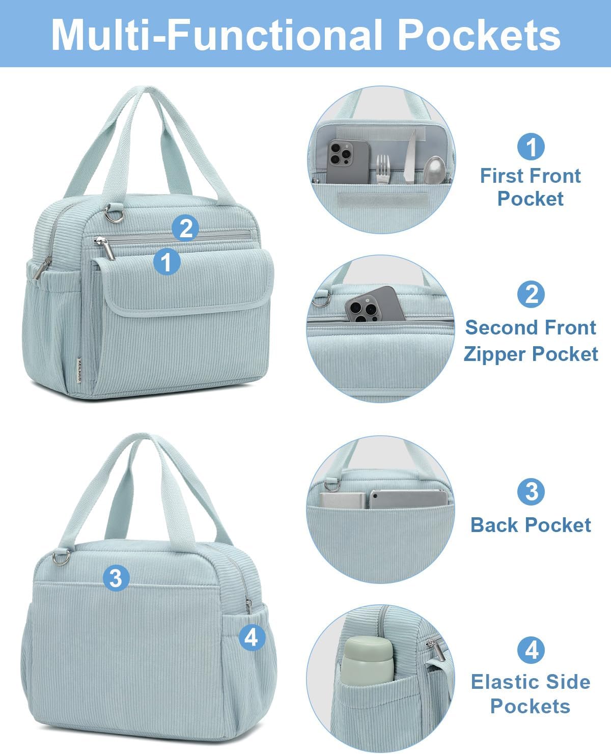 Lunch Box for Women Insulated Lunch Bag - Reusable Cute Corduroy Lunchbox - Lightweight Large Cooler Tote Bag with Multiple Pockets for Adult Work Office Picnic Camping Outdoor Travel 9L Blue