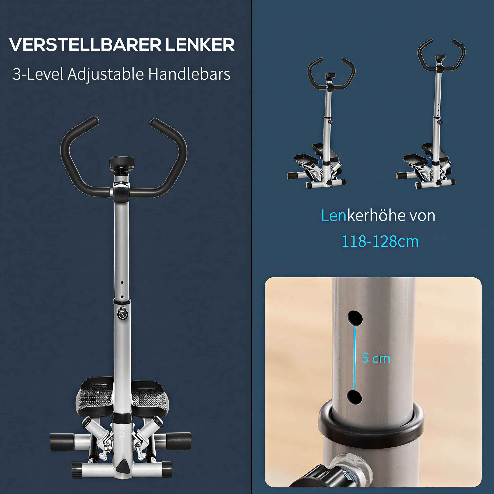 HOMCOM Stepper mit Handgriff Heimtrainer für Zuhause Kompakt Fitnessgerät für Bein- und Po-Training mit LCD-Display verstellbare Geschwindigkeit Metall ABS 55 x 53 x 118-128 cm