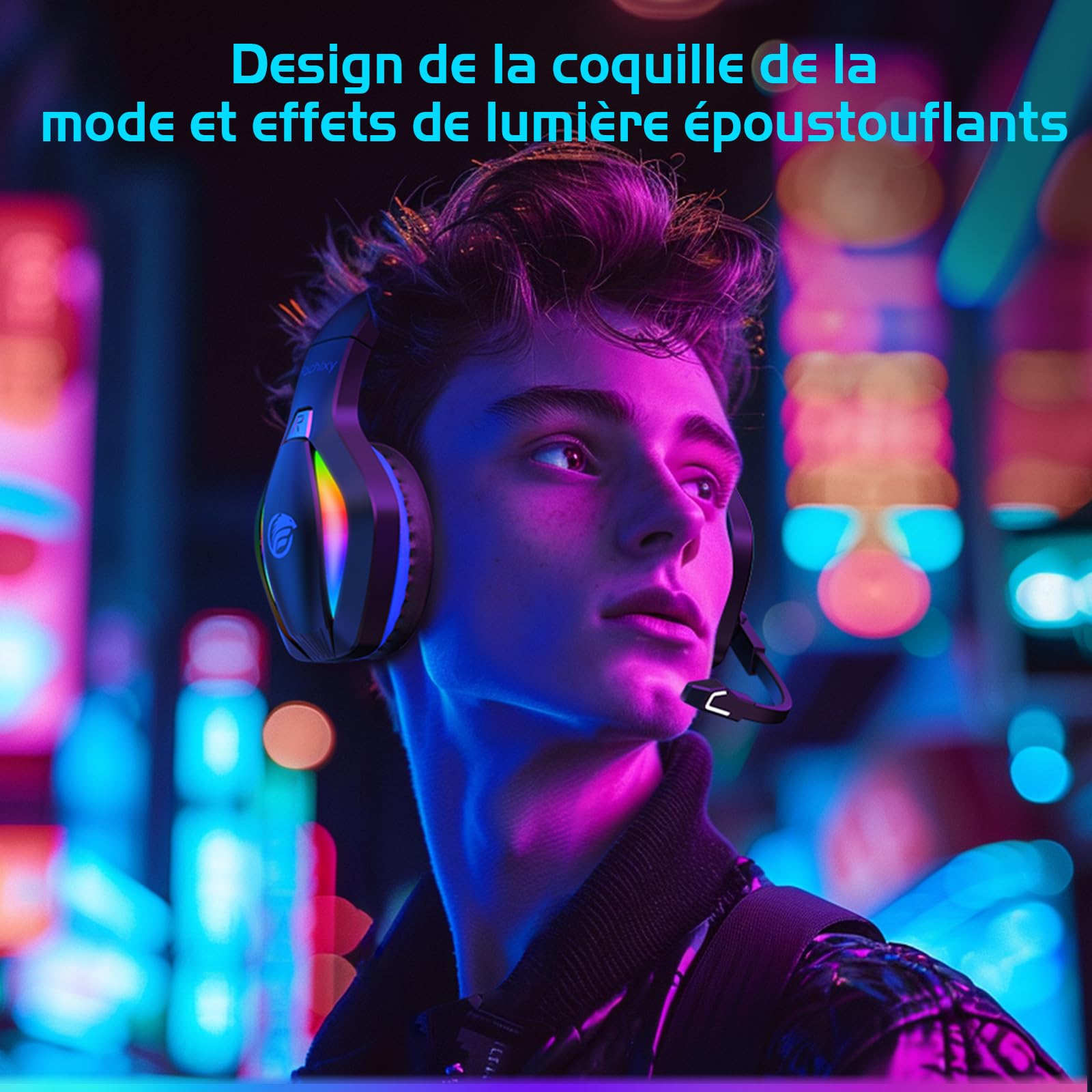 Fachixy FC100「2025 Nouvelle」Casque de Jeu sans Fil pour PS4, PS5, PC - 2,4 GHz et Casque Bluetooth avec Microphone - Son stéréo 3D et autonomie de 50 Heures - pour Switch, Smartphones, Noir-Bleu