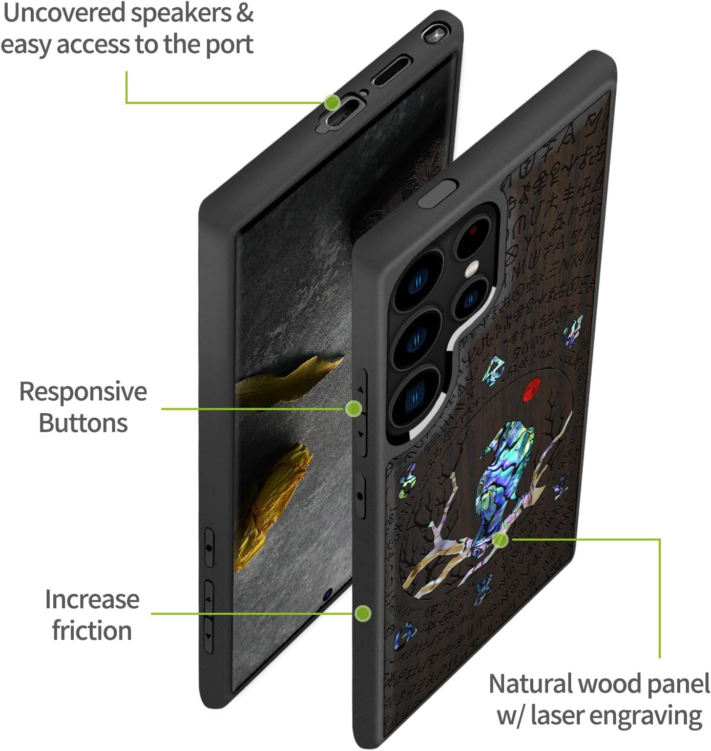 Carveit Designer Wooden Case for Samsung Galaxy S24 Ultra - Wood Engraving & Shell Inlay - Compatible with Wireless Chargers - S24 Ultra Case (Perching Crow-Blackwood)