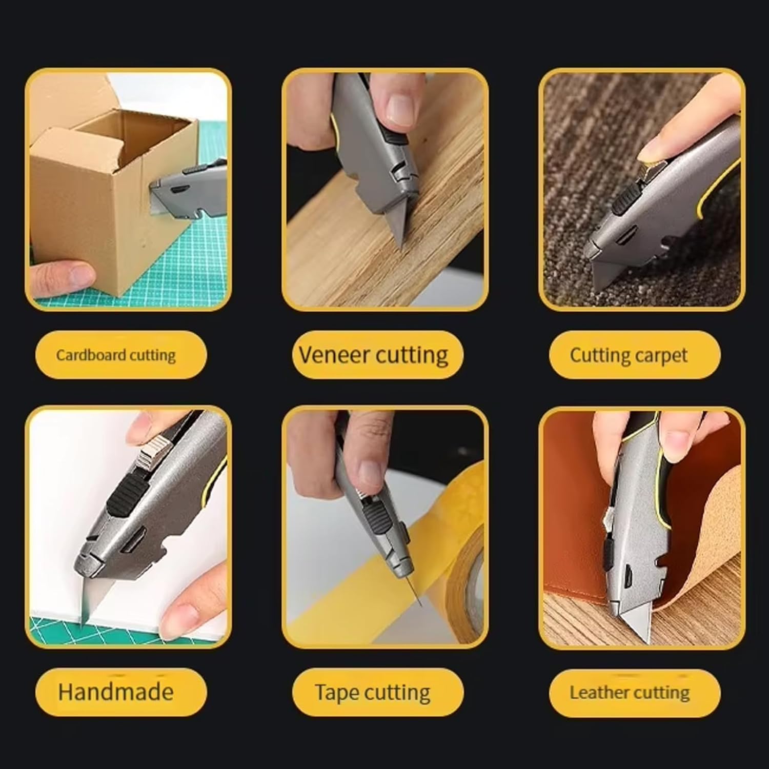 Utility Cutter, Heavy-duty RetractableCutter with Rubber Handle for Cartons, Cardboard and Boxes, Blade Storage Design, including 5 Extra Blades, Safety Lock, Zinc Alloy Cutting Housing