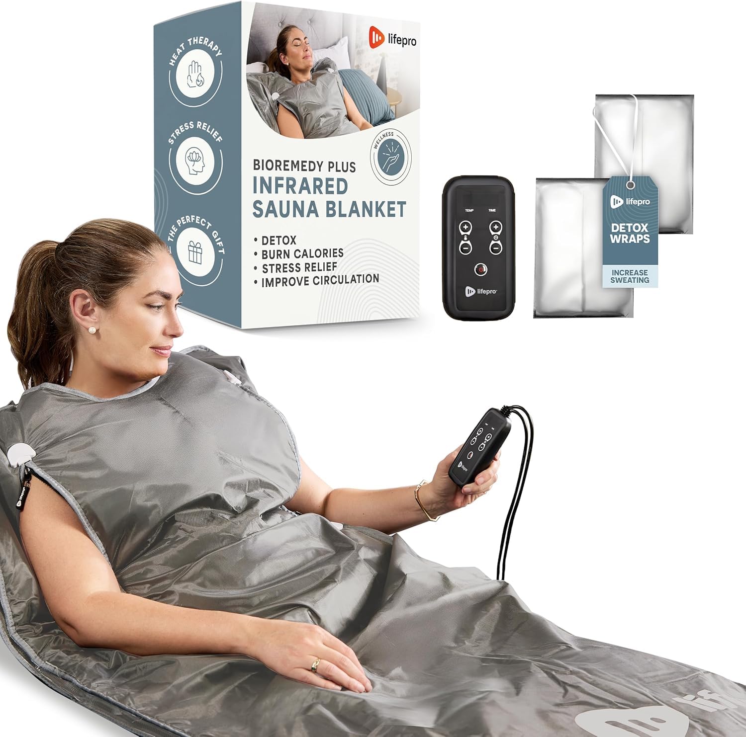 Lifepro BioRemedy Plus Infrared Sauna Blanket – Available in 5 Colors – Portable Far Infrared Home Sauna Bag for Detox, and Relaxation – Adjustable Temp (86–158°F) & Timer – Includes Detox Wraps