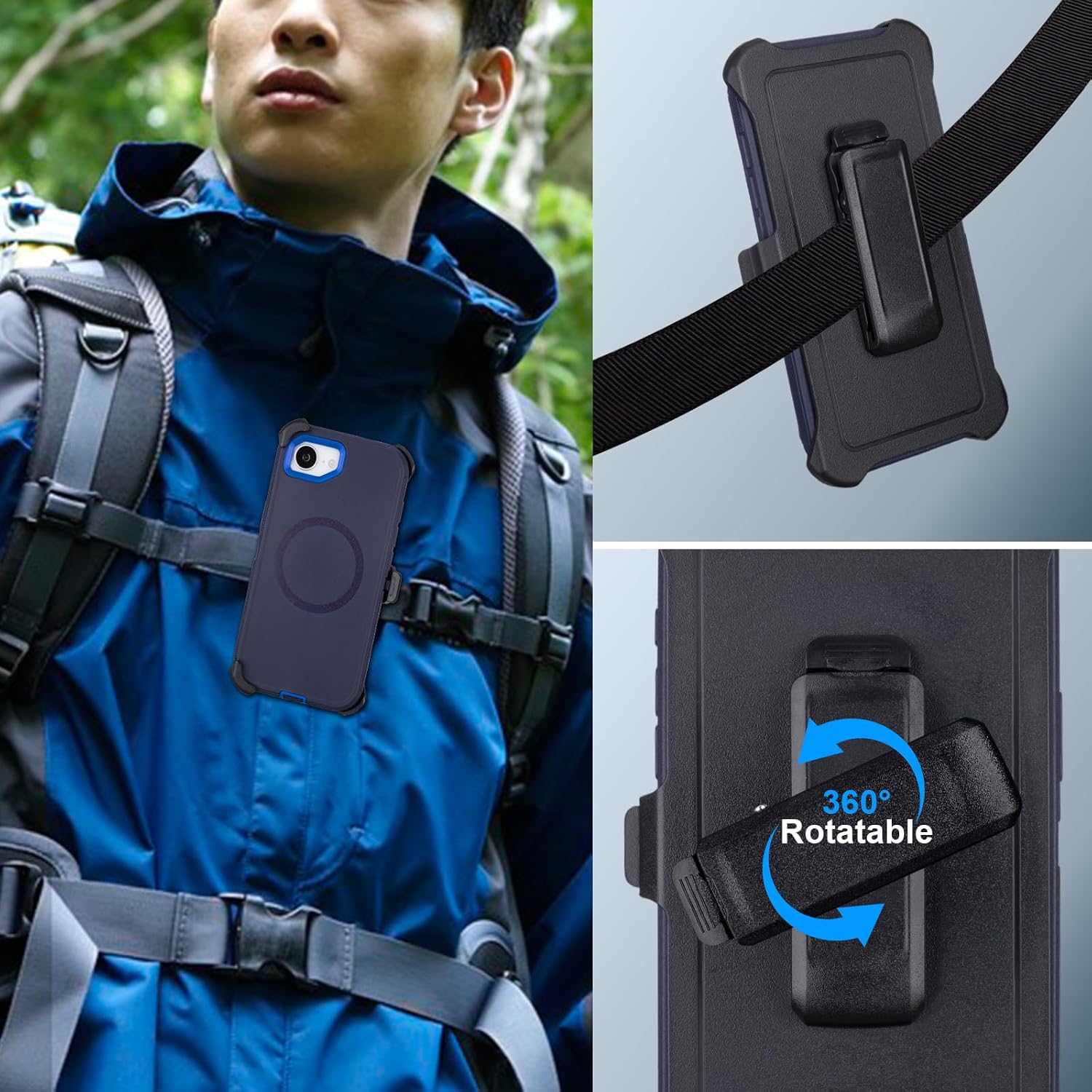 for iPhone 16e Case with Belt Clip Holster, Compatible with MagSafe, 3-Layer Shockproof Anti-Drop Full Body Protective Case, Heavy Duty Rugged Defender Cover for iPhone 16e, Navy+Blue