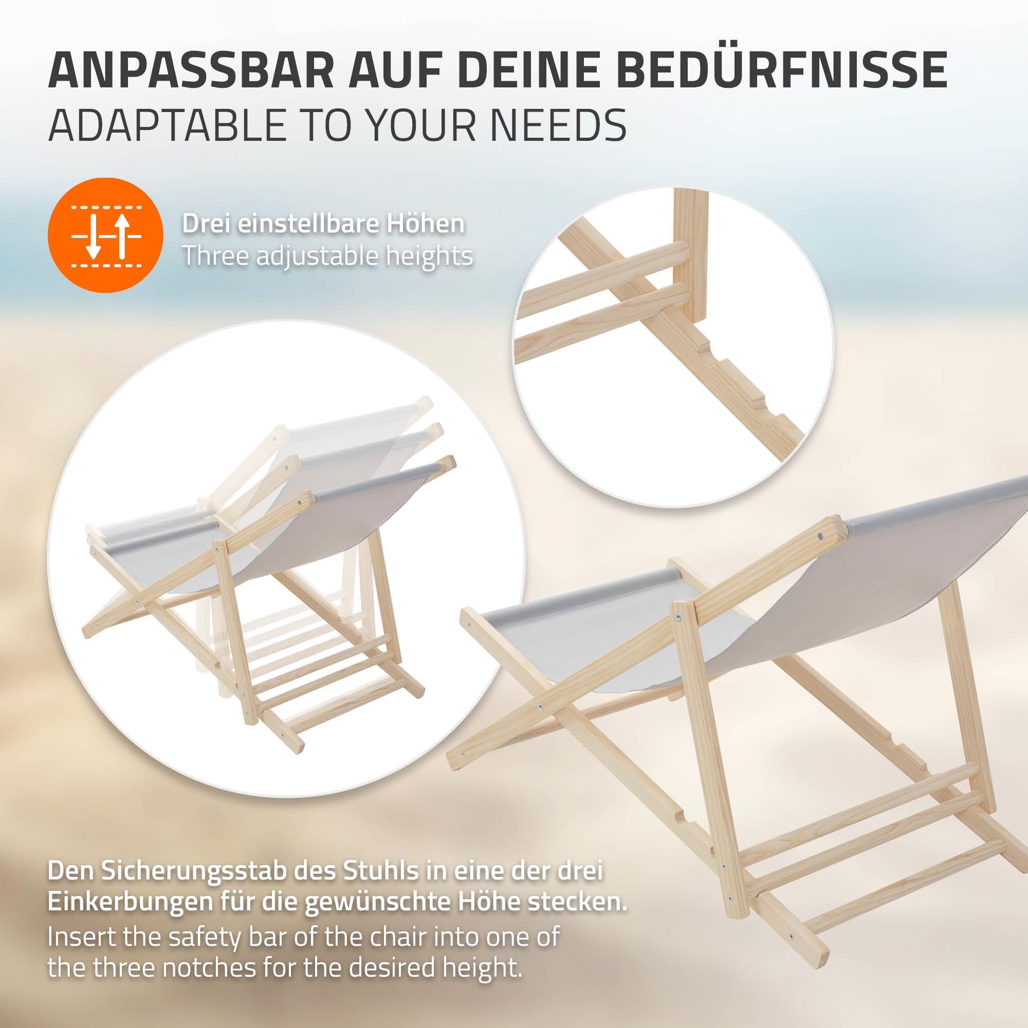 ECD Germany 10x Sedie a Sdraio Pieghevole in Legno con Tessuto Traspirante Grigio Chiaro Schienale Reclinabile in 3 Posizioni, Lettino Relax con Portata 120 kg per Spiaggia, Giardino e Terrazza