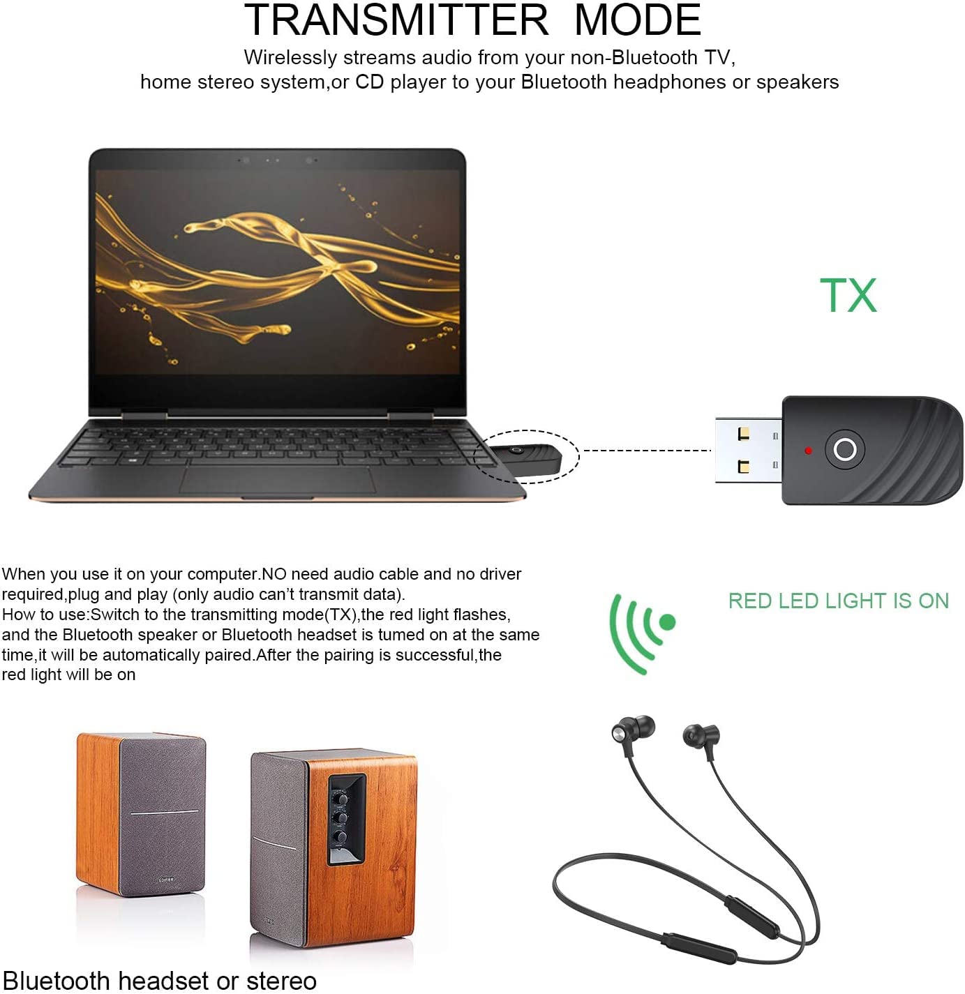 USB Bluetooth 5.0 Adattatore 3 in 1 Ricevitore Audio Musicale Wireless Trasmettitore 3.5Mm AUX per TV PC Cuffie Auto