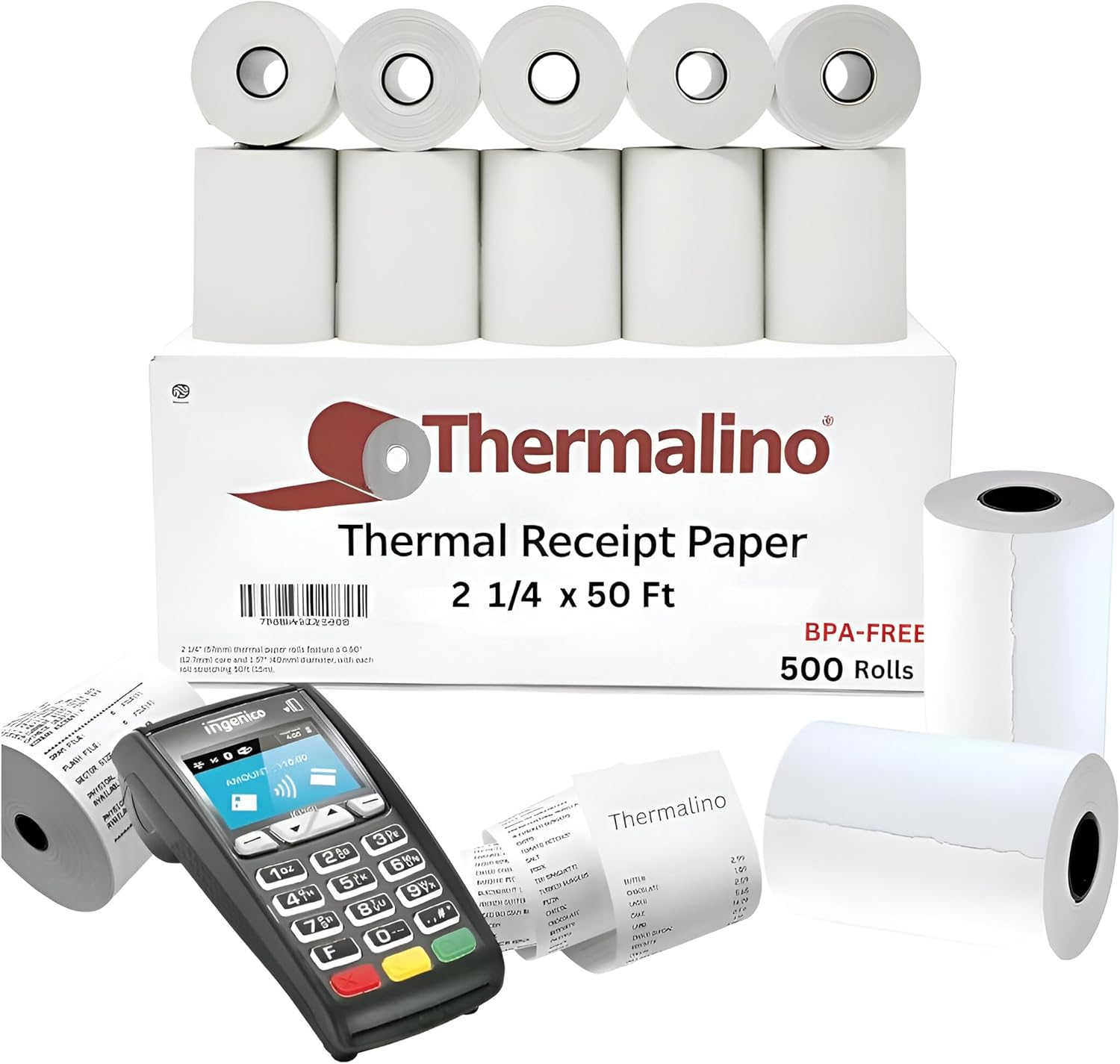 Bulk 500 roll Pack of Pos Receipt Paper 2 1/4" x 50' Thermal Paper Rolls BPA Free Fits All 57mm Mini Thermal Receipt Printers (500 Pack)