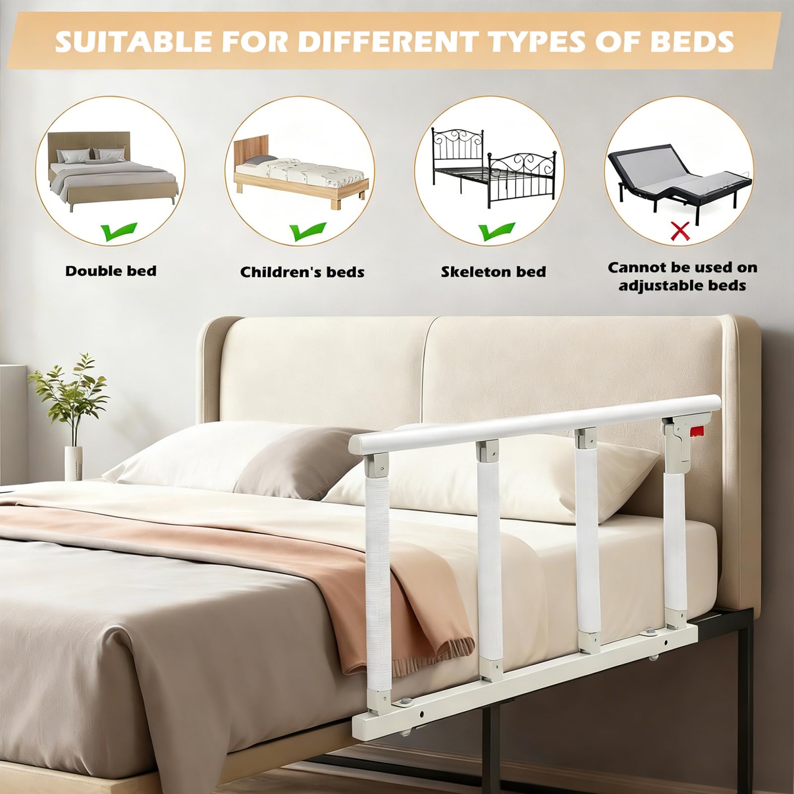 Barrière de Lit Adulte Pliable à 4 Niveaux Réglables en Alliage Aluminium, Barrière de Lit Anti-Chute pour Personnes Âgées, Appui de Chevet Sécurisé pour Maison et EHPAD